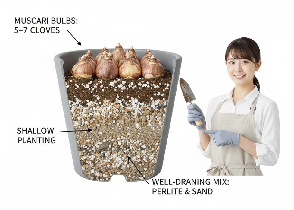ムスカリ 育てかた　ムスカリ鉢植えのコツである浅植えと密植の配置を示す断面図解