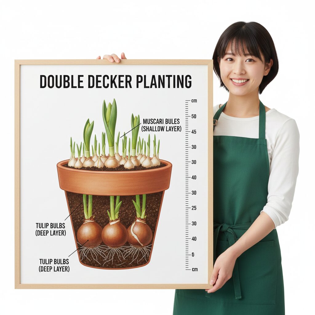 ムスカリ 育てかた　チューリップとムスカリの球根を2層に植えるダブルデッカー植えの断面図