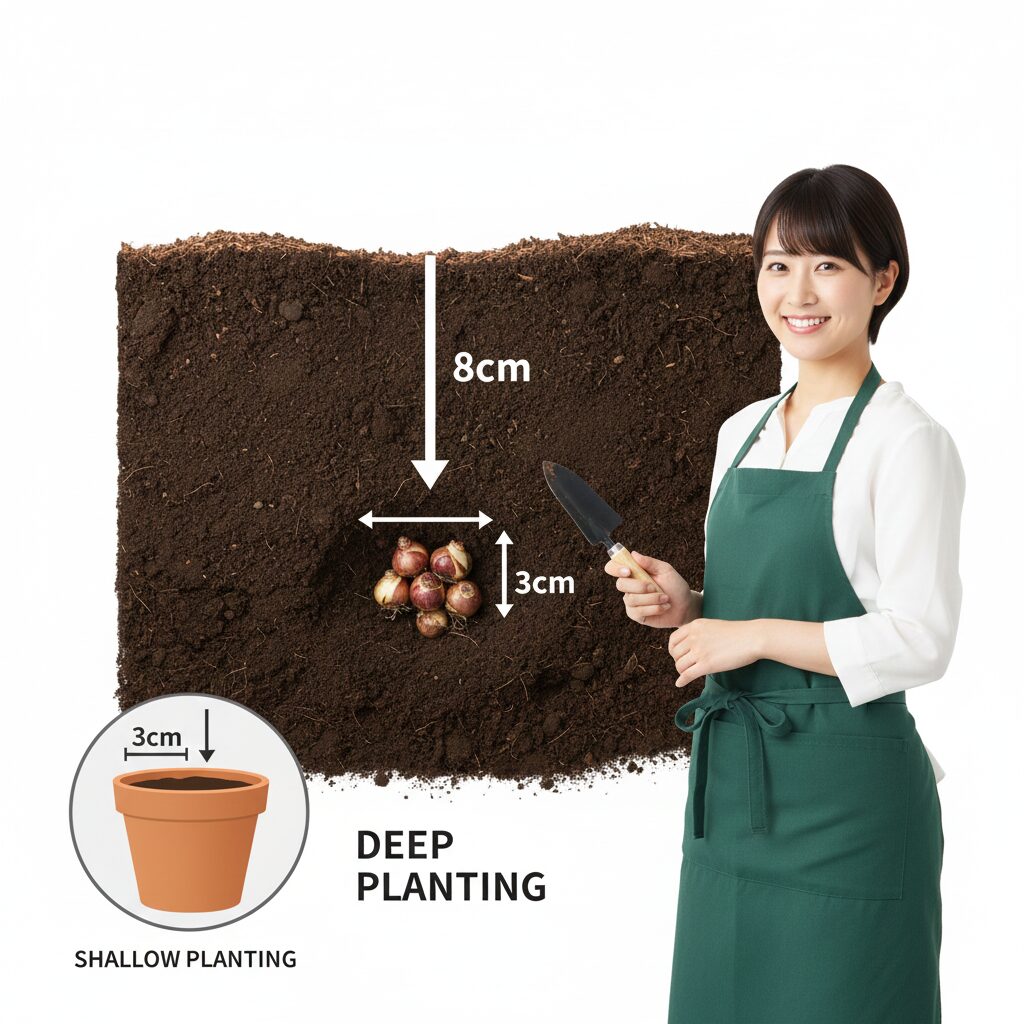 ムスカリ 育てかた　ムスカリ地植えにおける適切な植え付け深さ（深植え）の目安図解