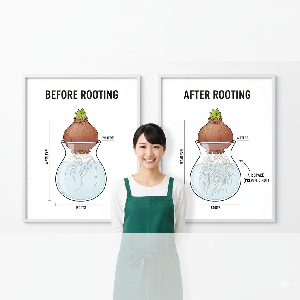 ムスカリ 育てかた　ムスカリ水耕栽培で根腐れを防ぐための発根前と発根後の正しい水位管理図