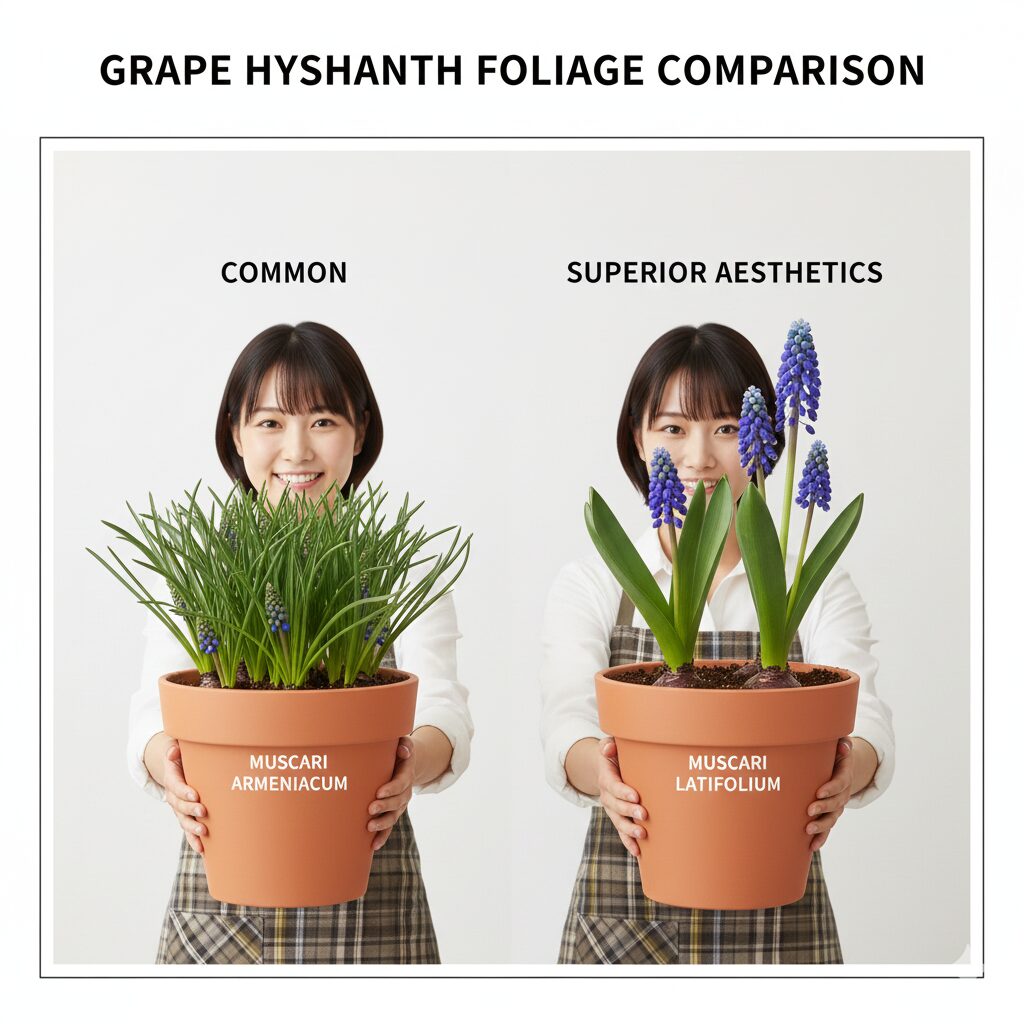ムスカリ 育てかた　葉が茂りやすいアルメニアカムと広葉ですっきりしたラティフォリウムの品種比較