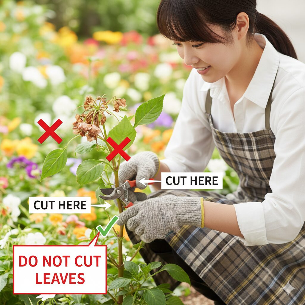 ムスカリ 育てかた　ムスカリの花がら摘みの正しい切り位置と葉を残すための注意点イラスト