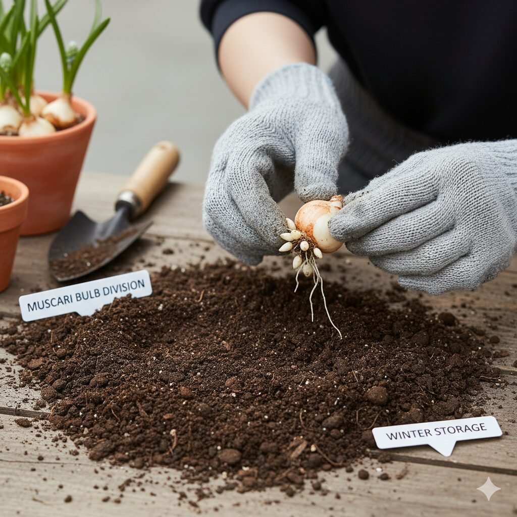 ムスカリ 育てかた　掘り上げたムスカリの球根と親球の周りに付いた分球（子球）の様子