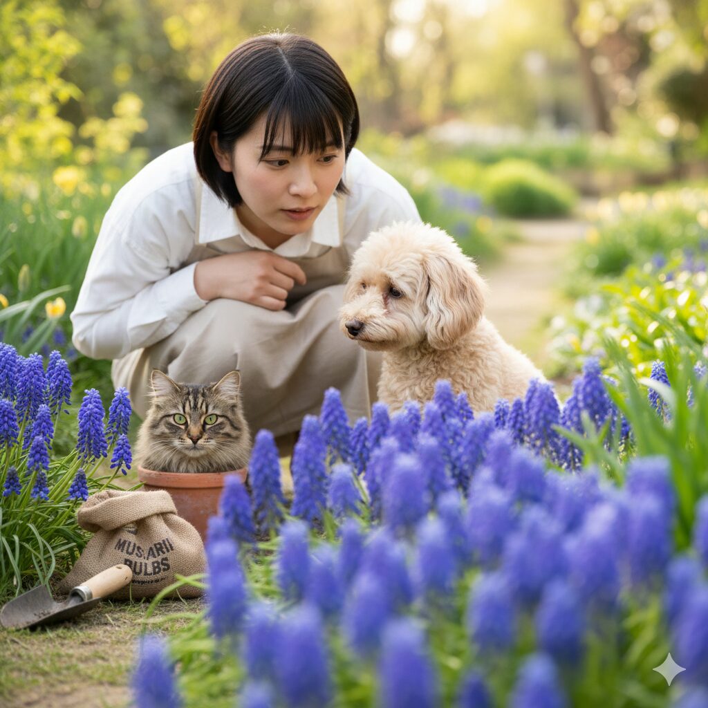 ムスカリ毒性　春の庭に咲く青紫色のムスカリの花と、毒性を心配するペットの飼い主、犬、猫の様子