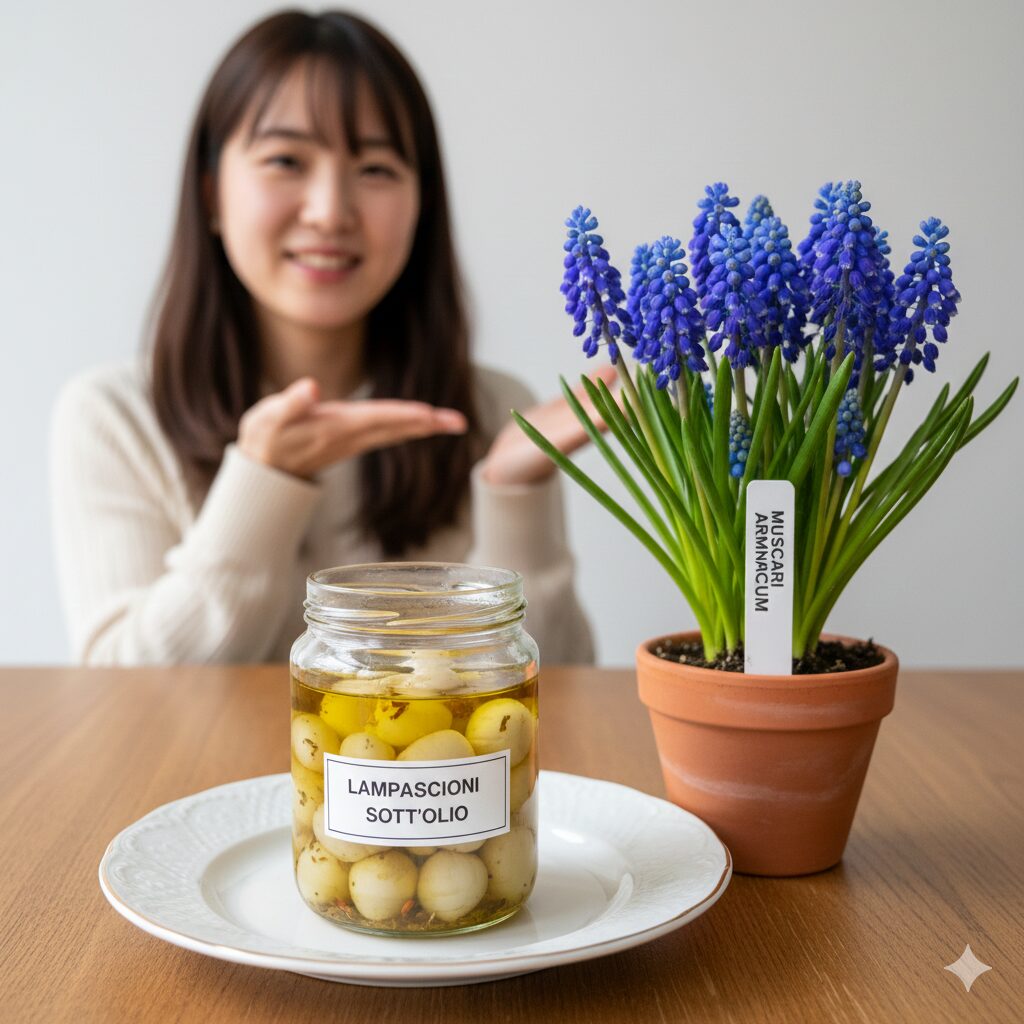 ムスカリ毒性　イタリアの食用ムスカリ料理（ランパシオーニ）と鑑賞用ムスカリの花の比較写真