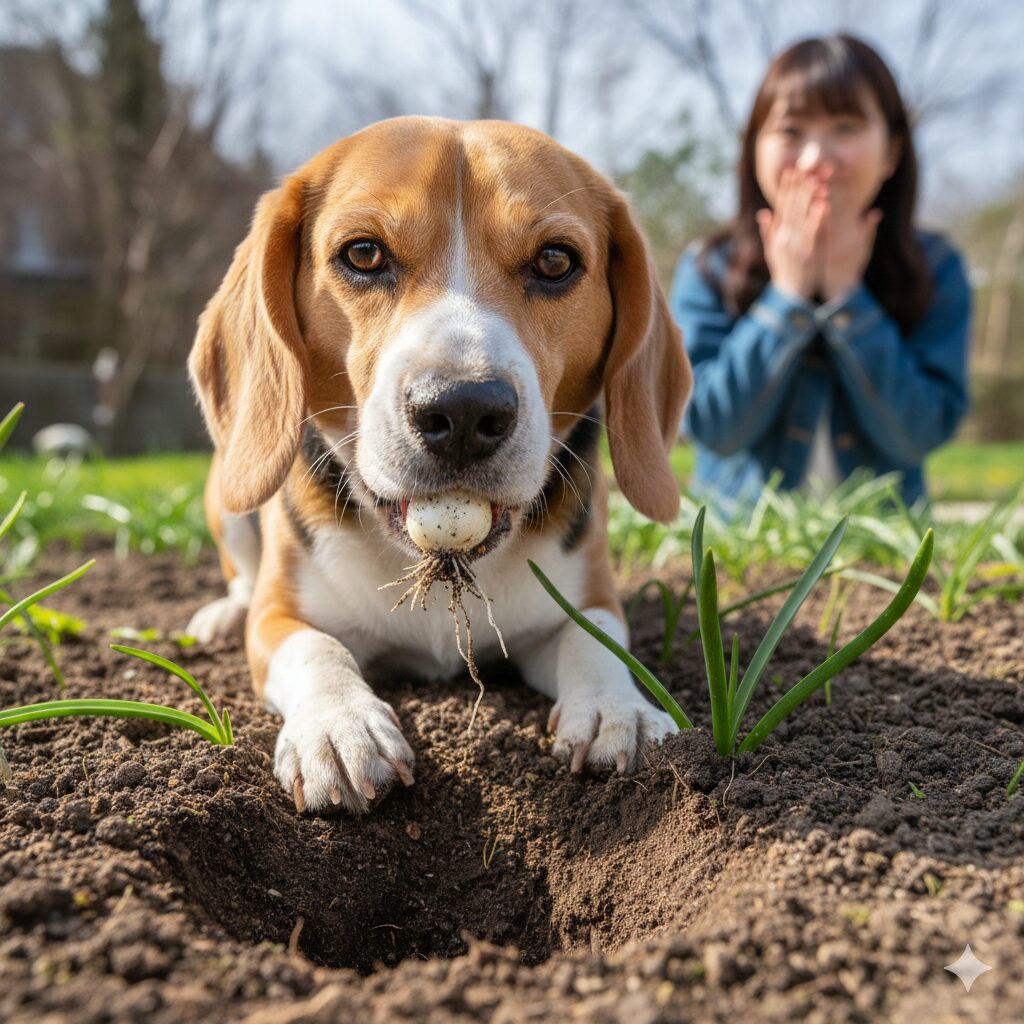 ムスカリ毒性　庭で土を掘り返し、毒性のあるムスカリの球根を口にくわえるビーグル犬
