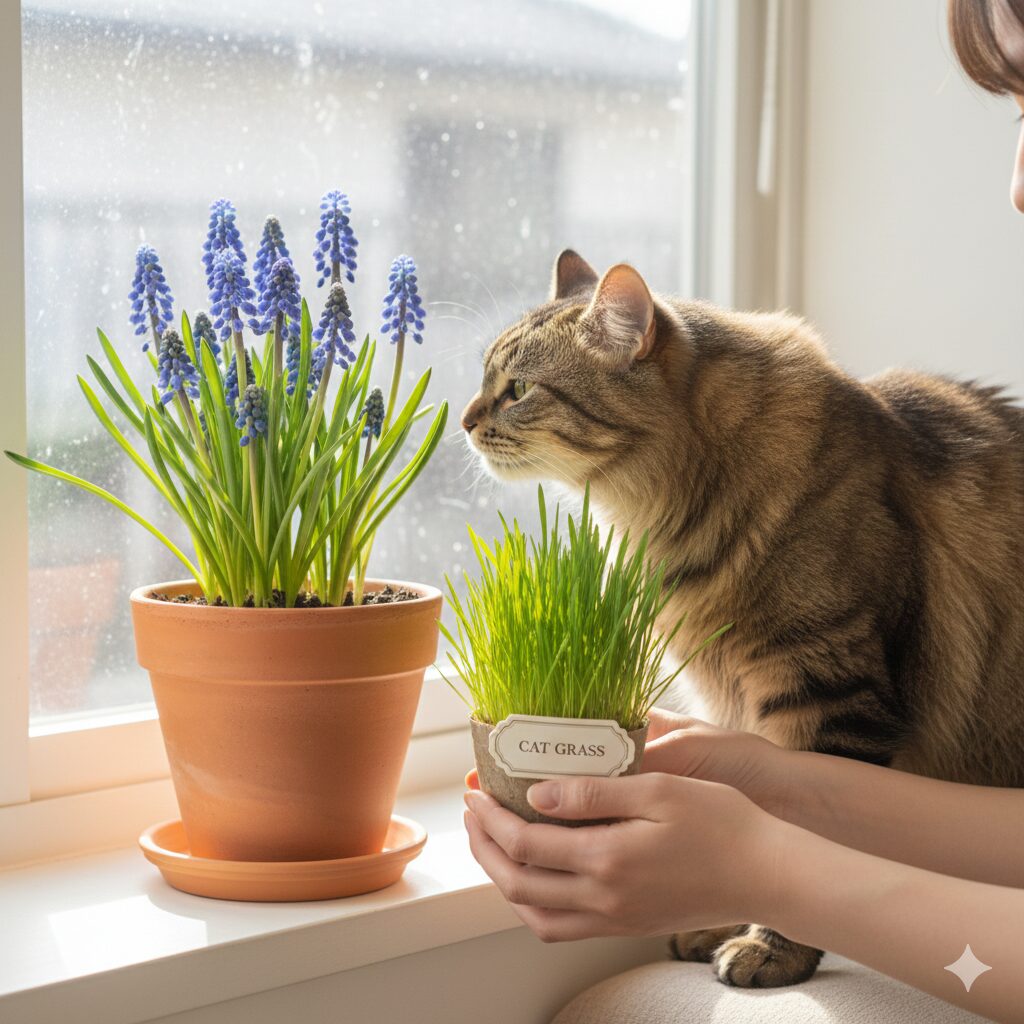 ムスカリ毒性　室内のムスカリの鉢植えに近づく猫と、安全な猫草を与える飼い主の対策