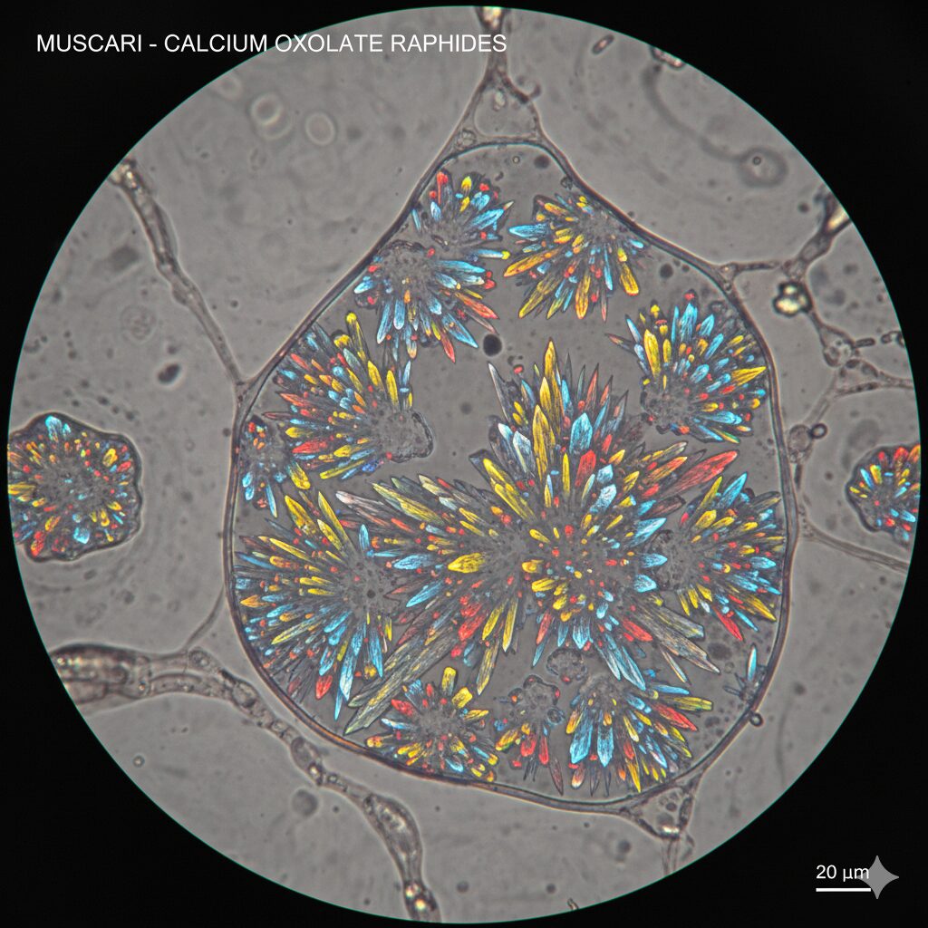 ムスカリ毒性　顕微鏡で撮影されたムスカリの細胞内にあるシュウ酸カルシウムの針状結晶（ラフィド）