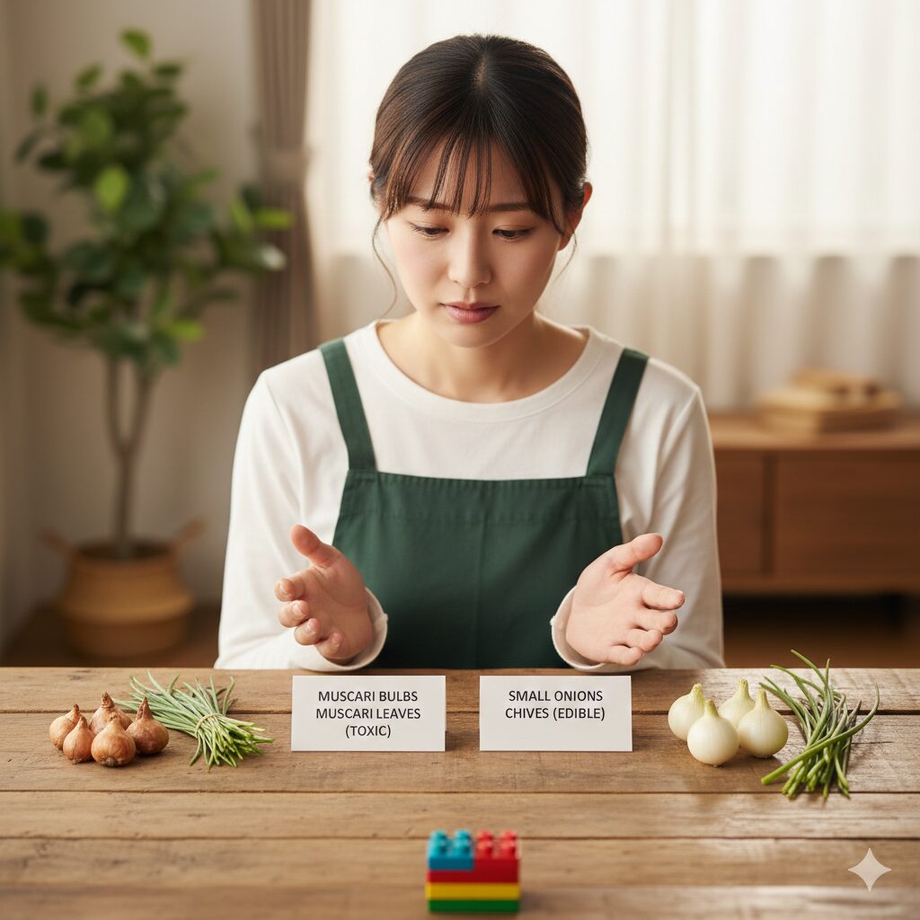 ムスカリ毒性　ムスカリとヒヤシンスの花と球根の比較写真、毒性レベルの違いを示すラベル付き