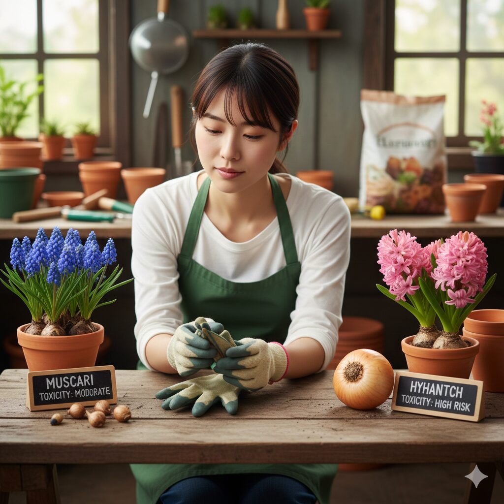 ムスカリ毒性　ムスカリとヒヤシンスの花と球根の比較写真、毒性レベルの違いを示すラベル付き
