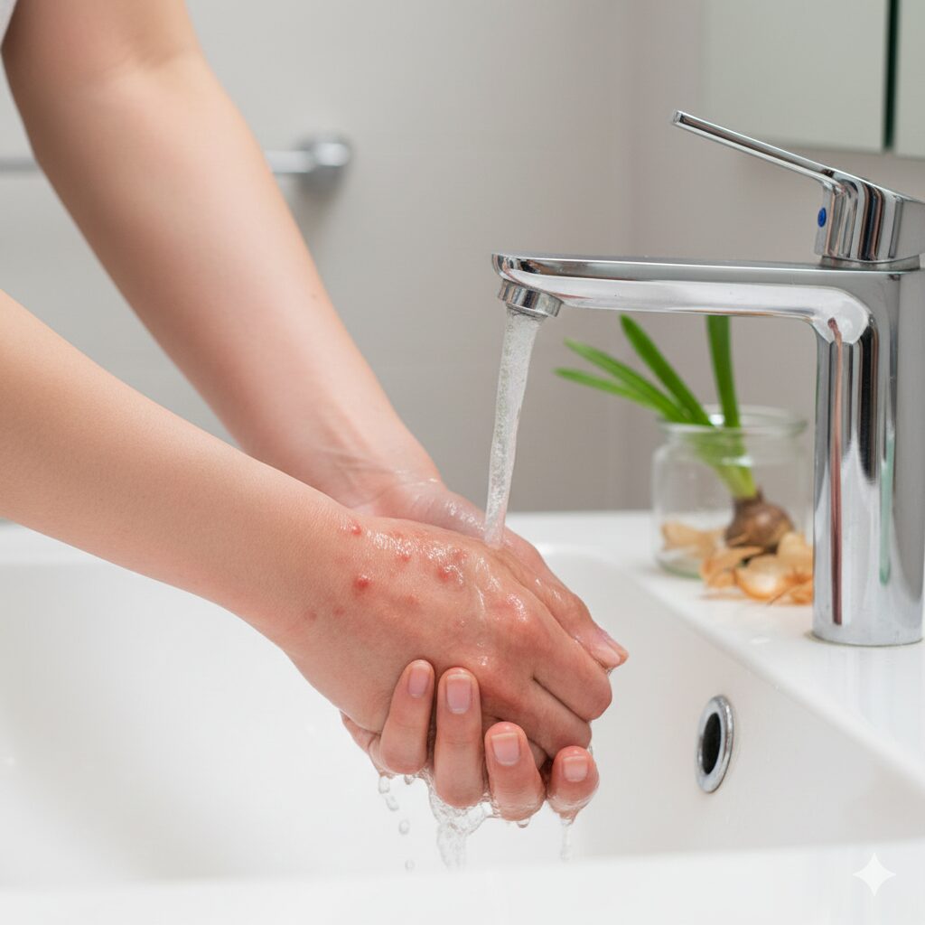 ムスカリ毒性　ムスカリの汁液との接触により生じた皮膚炎（かぶれ、発疹）の症状と流水洗浄の様子