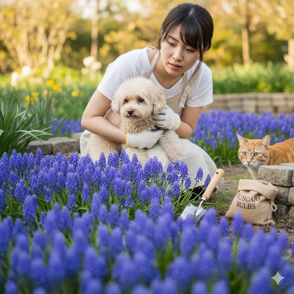 ムスカリ毒性　ペットによるムスカリ球根の掘り返しを防ぐためのチキンネット埋設法の作業工程写真