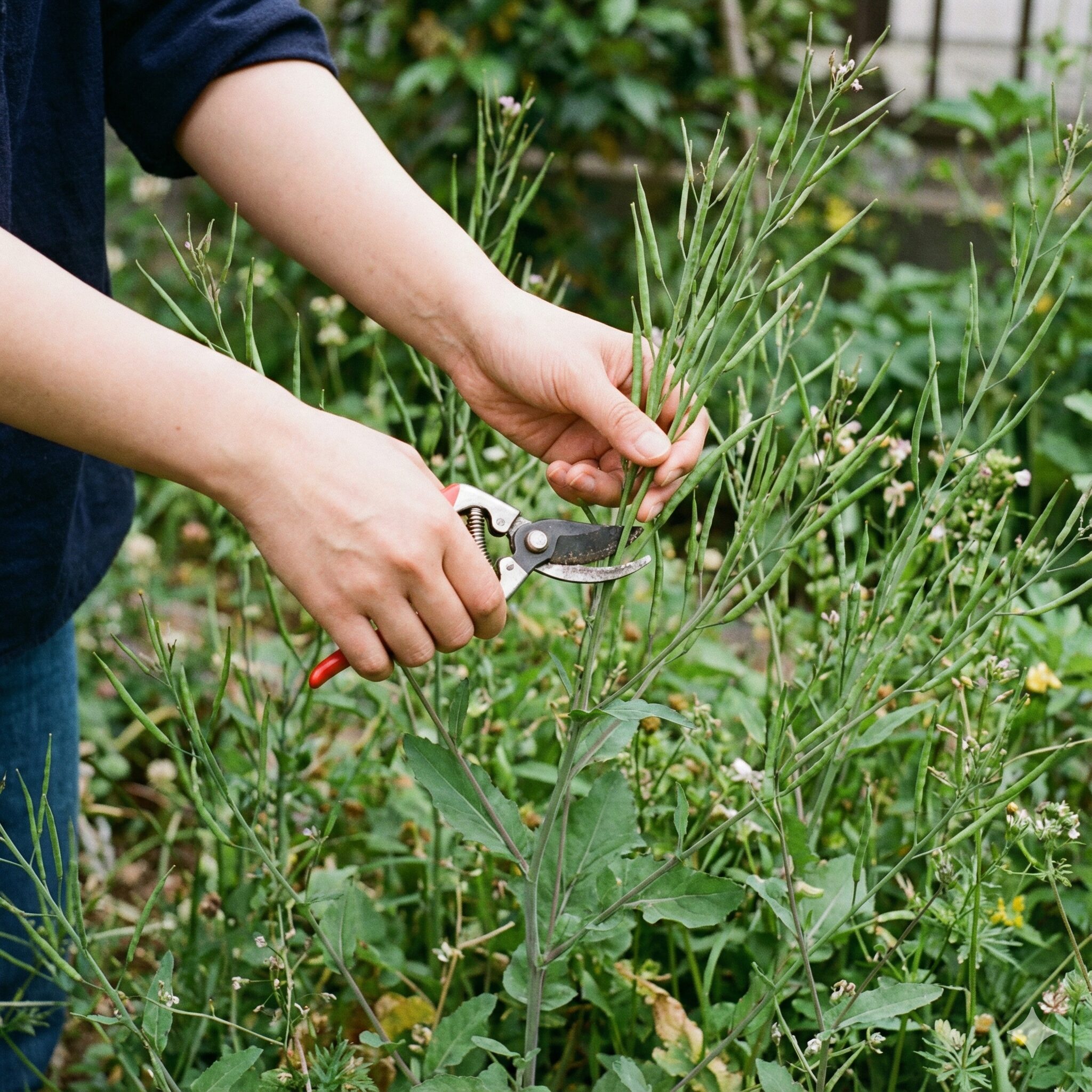 ムラサキハナナ ハナダイコン 違い10 ムラサキハナナの増えすぎを防ぐために花後の花茎を剪定する管理の様子