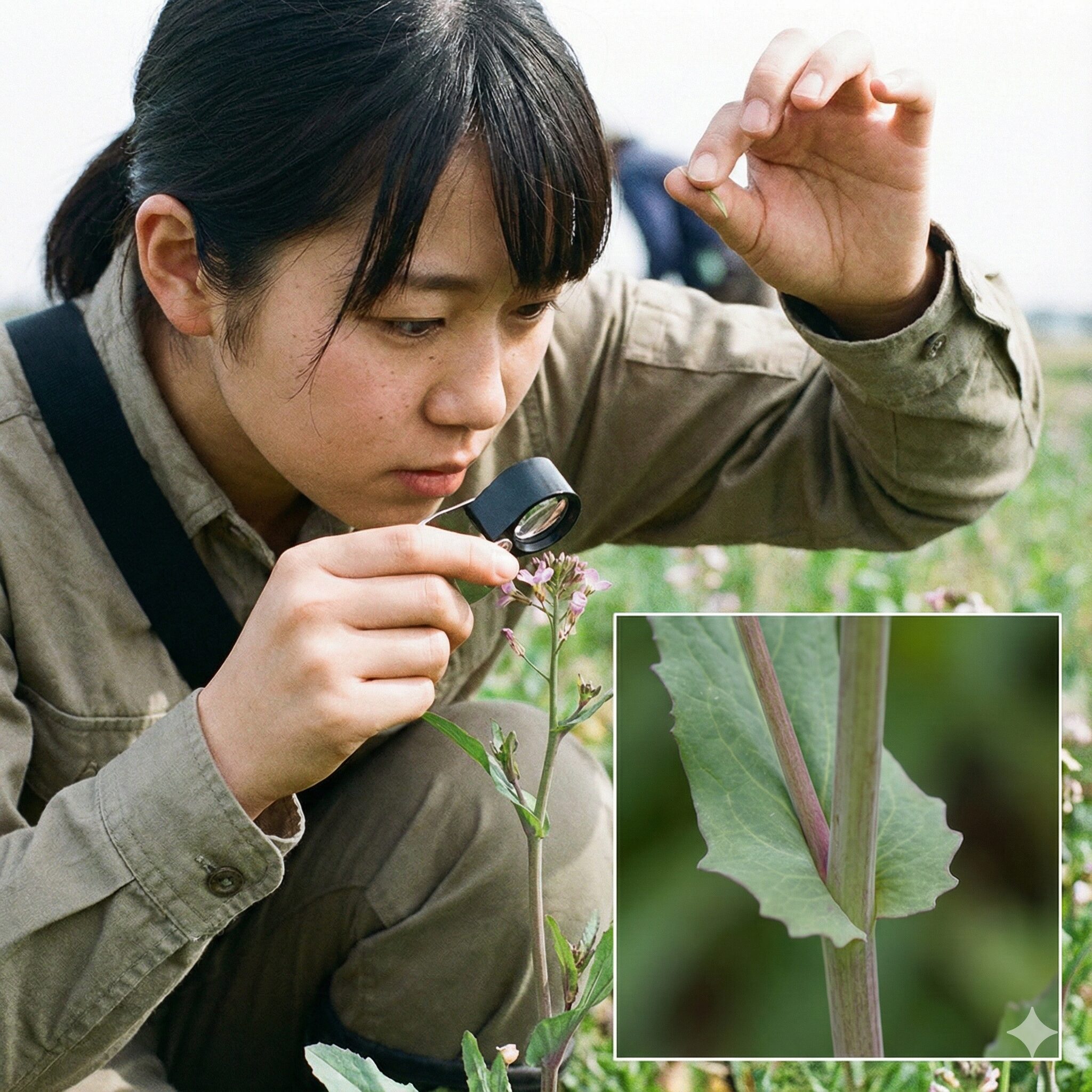 ムラサキハナナ ハナダイコン 違い2 ムラサキハナナ(オオアラセイトウ)の最大の特徴である「茎を抱く葉」の接写写真