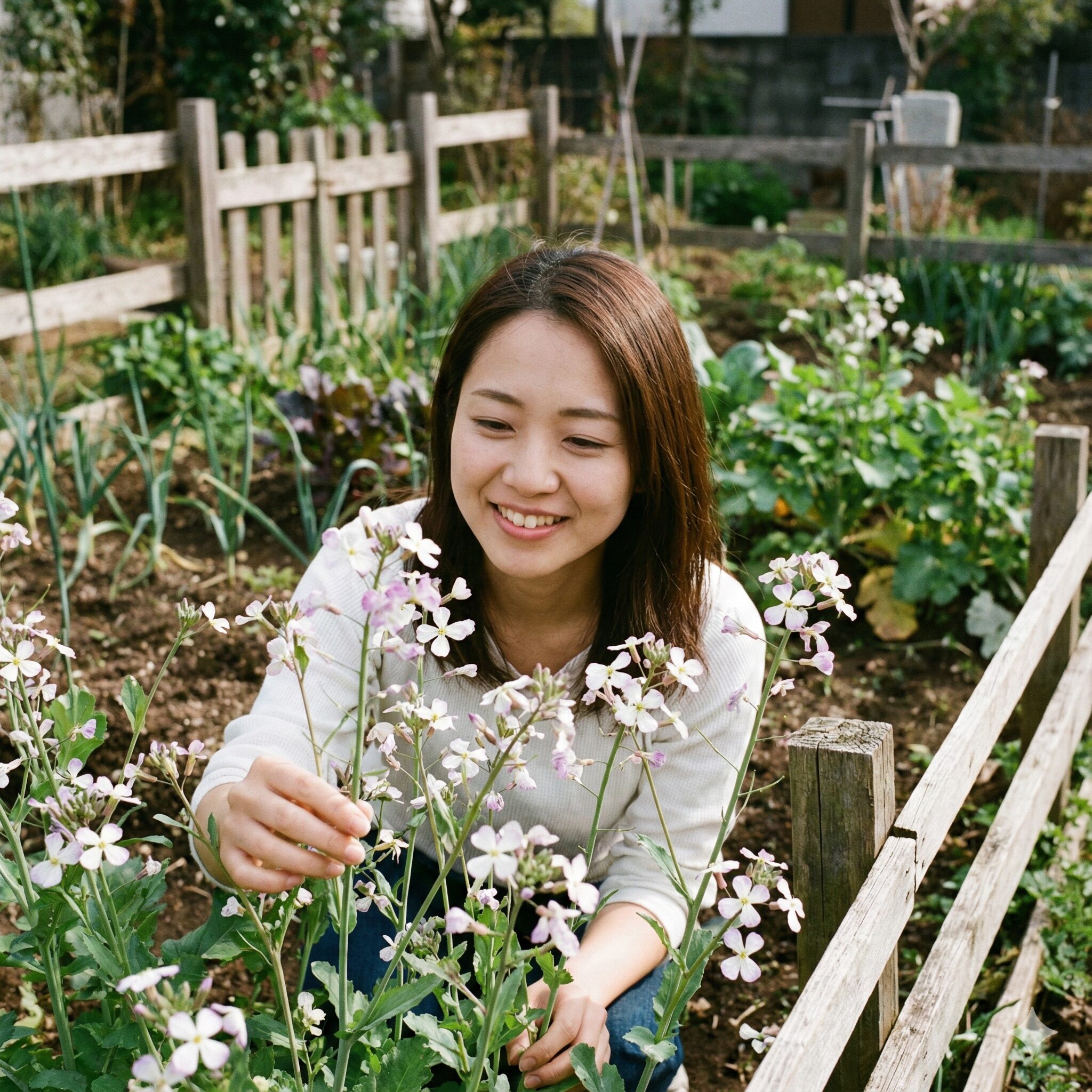 ムラサキハナナ ハナダイコン 違い4 ムラサキハナナに似た白から淡い紫色で咲く野菜の大根(ダイコン)の花