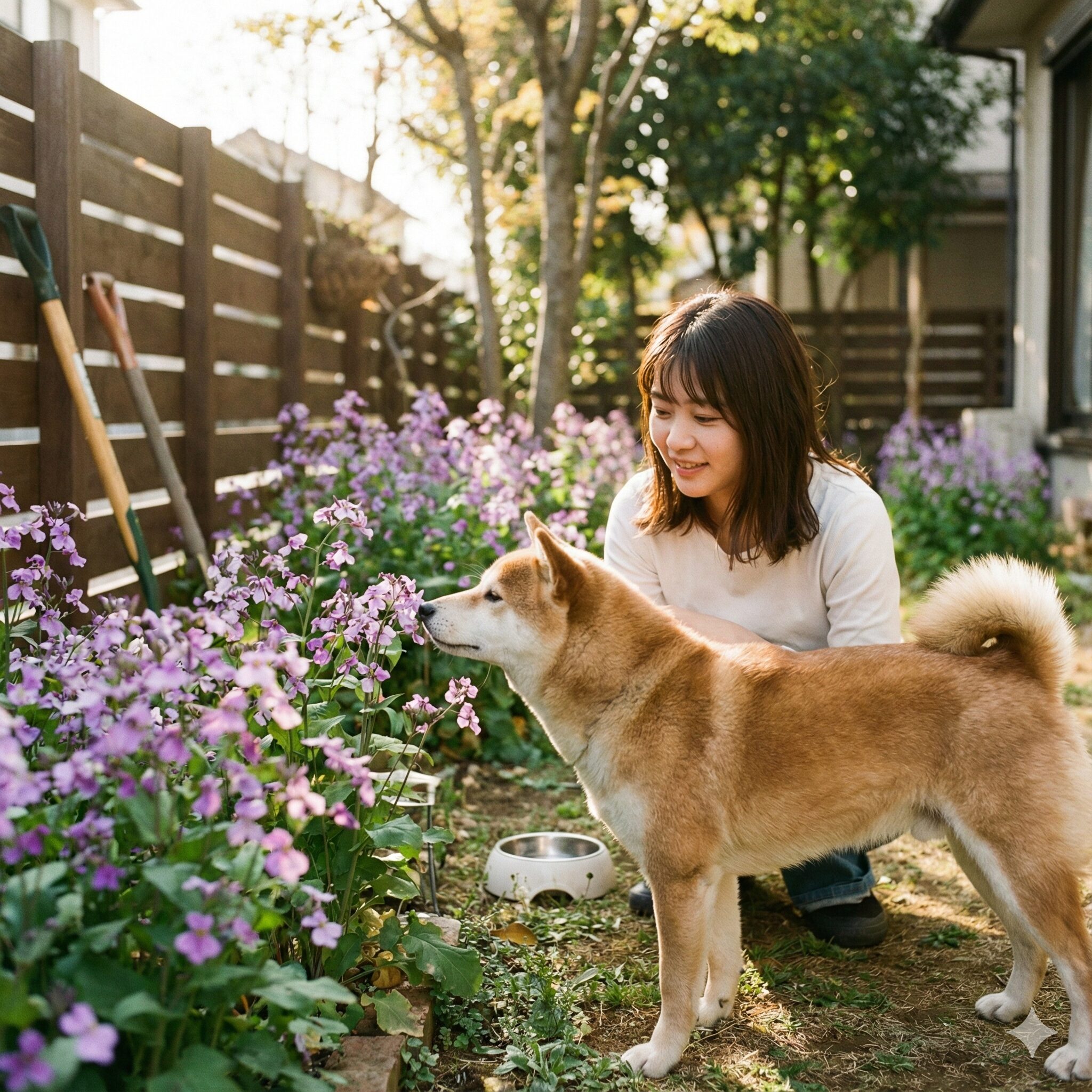 ムラサキハナナ ハナダイコン 違い5 ペットに毒性のないムラサキハナナが咲く庭で遊ぶ安心な様子の犬