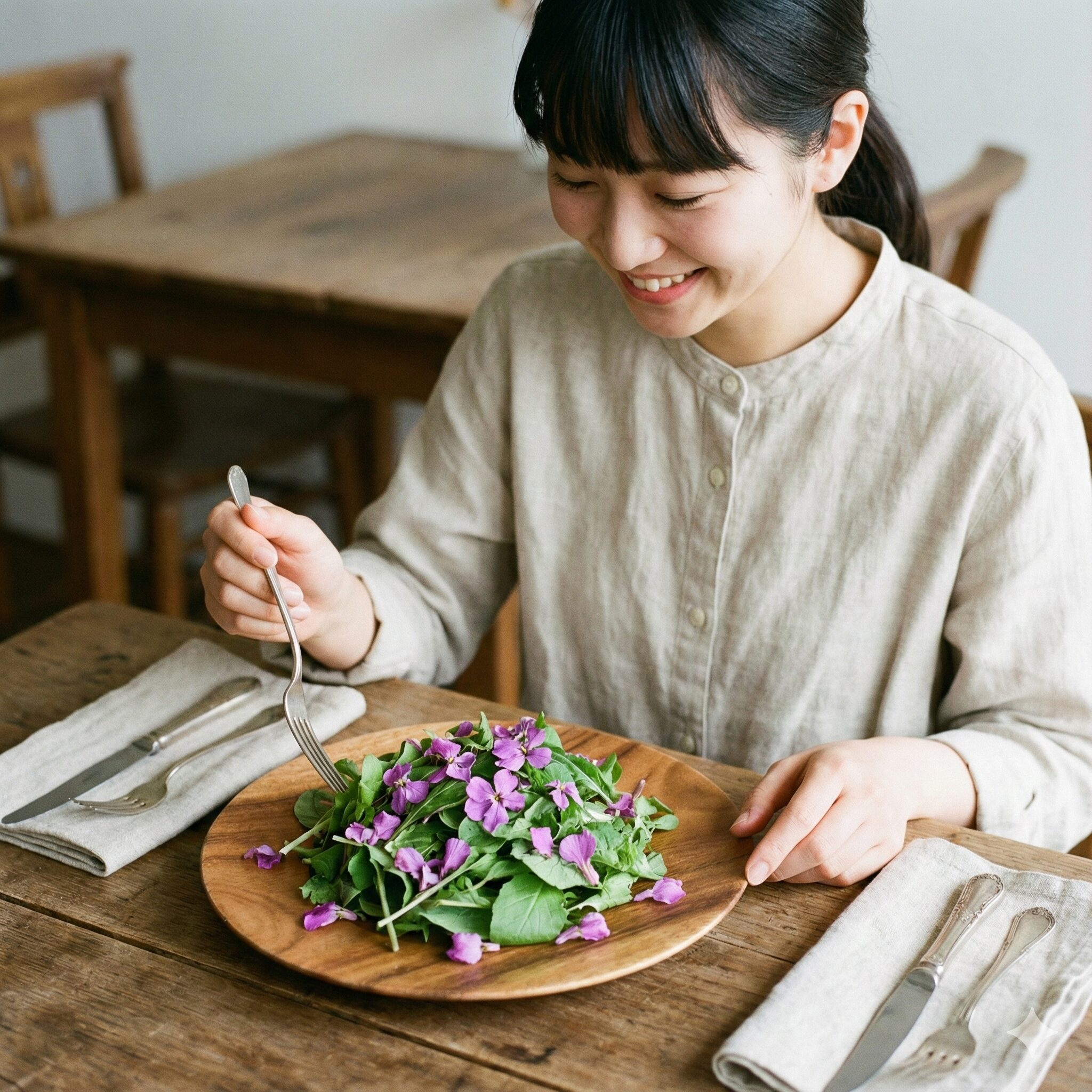 ムラサキハナナ ハナダイコン 違い8 ムラサキハナナの花をエディブルフラワーとして盛り付けた彩り豊かなサラダ