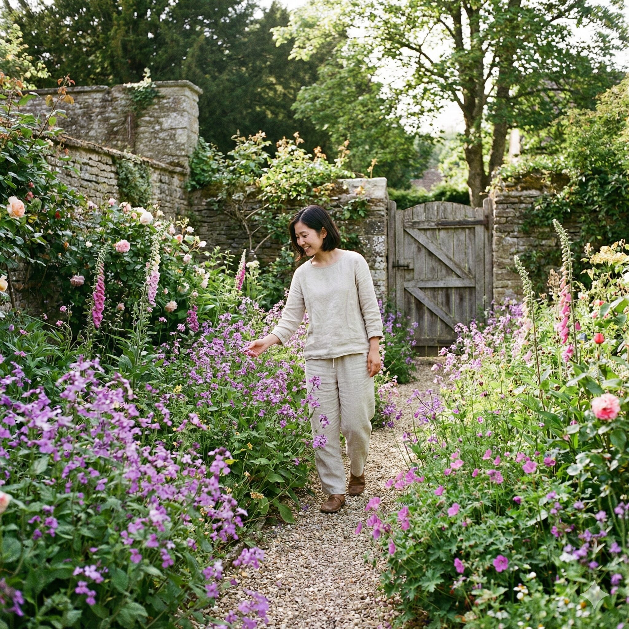 ムラサキハナナ 時期10　庭の小道沿いにこぼれ種で自然に増えて咲くムラサキハナナのナチュラルな風景