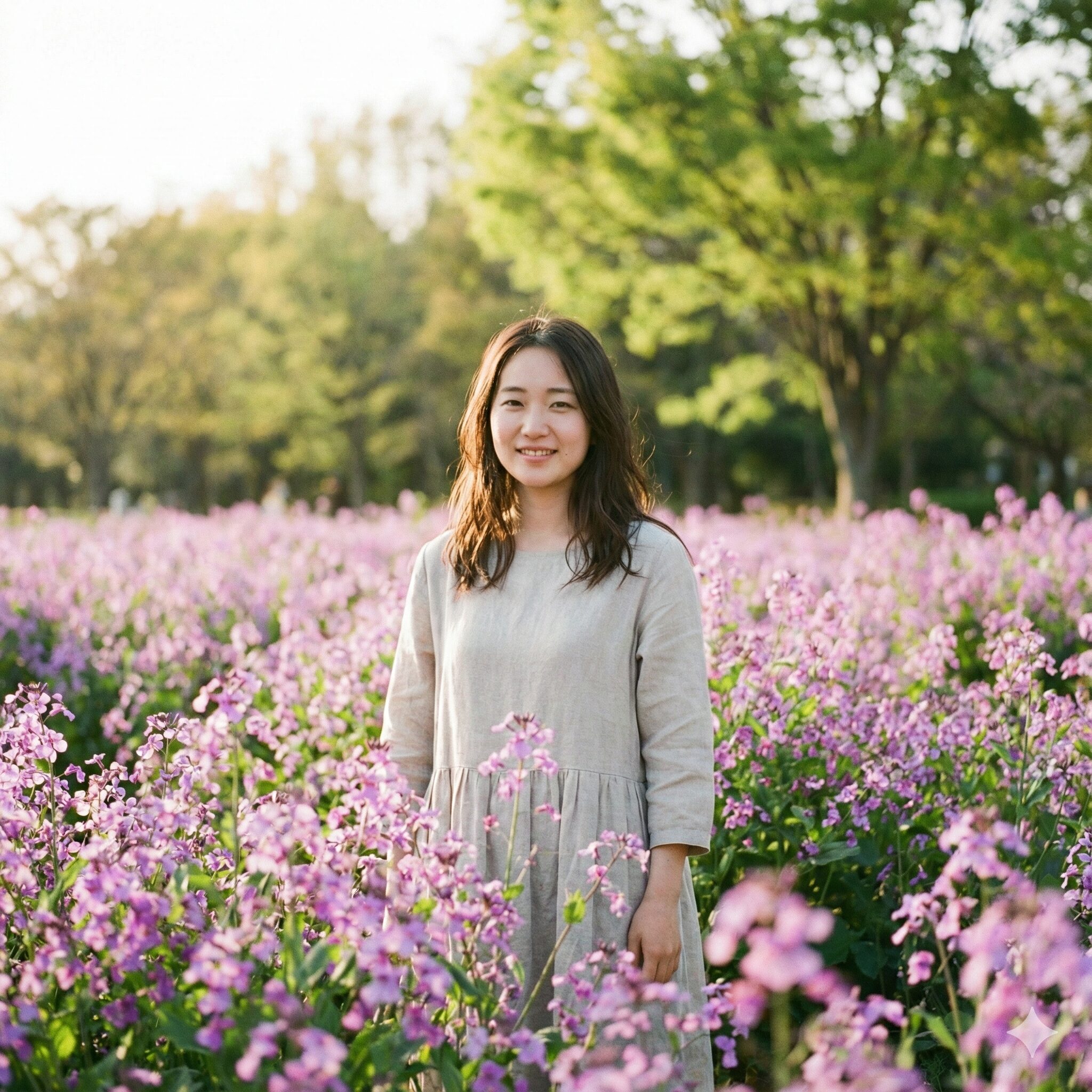 ムラサキハナナ 食べ方1　春の野原一面に群生して咲き誇る紫色のムラサキハナナの花畑
