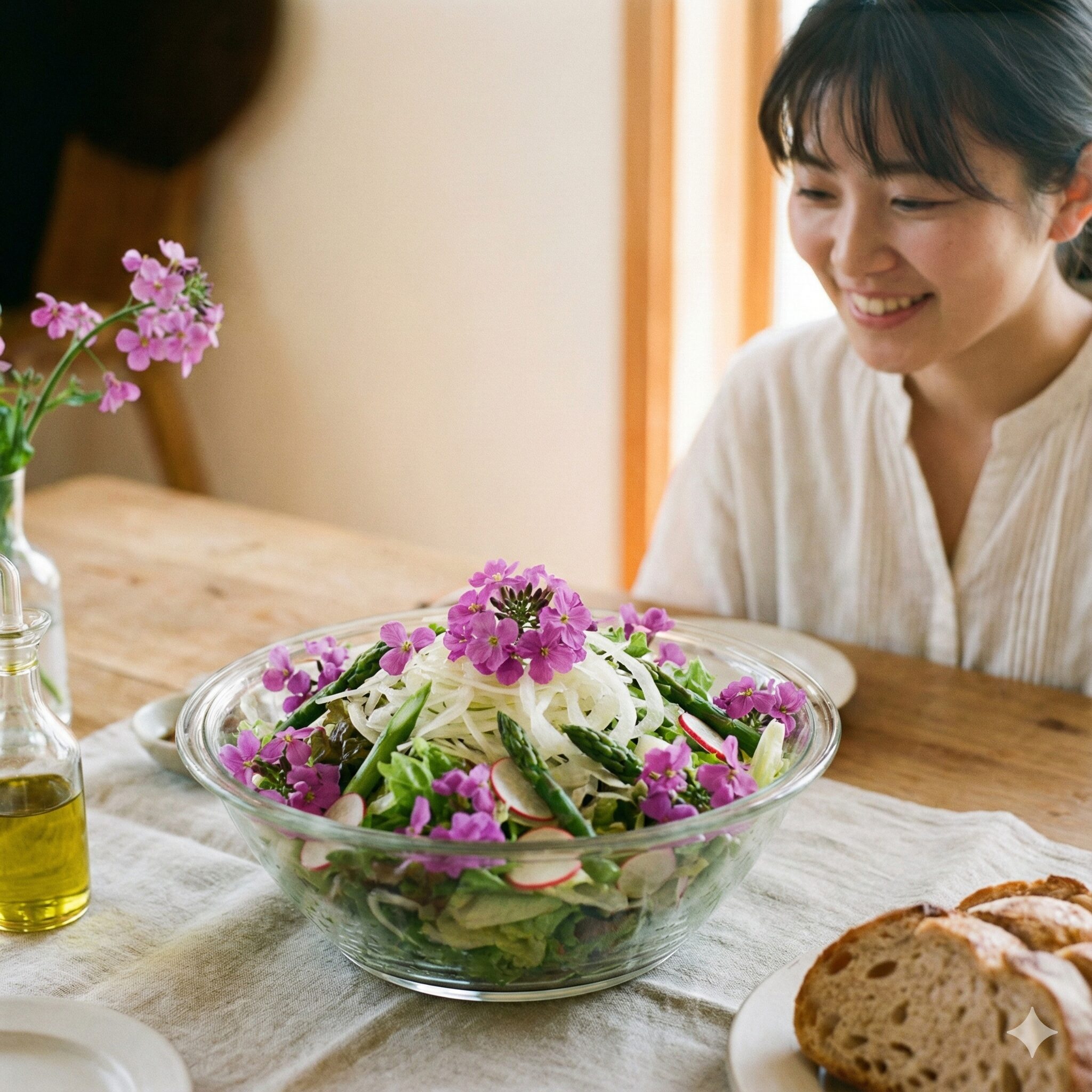 ムラサキハナナ 食べ方10　ムラサキハナナの紫色の花をエディブルフラワーとして散らした春野菜サラダ