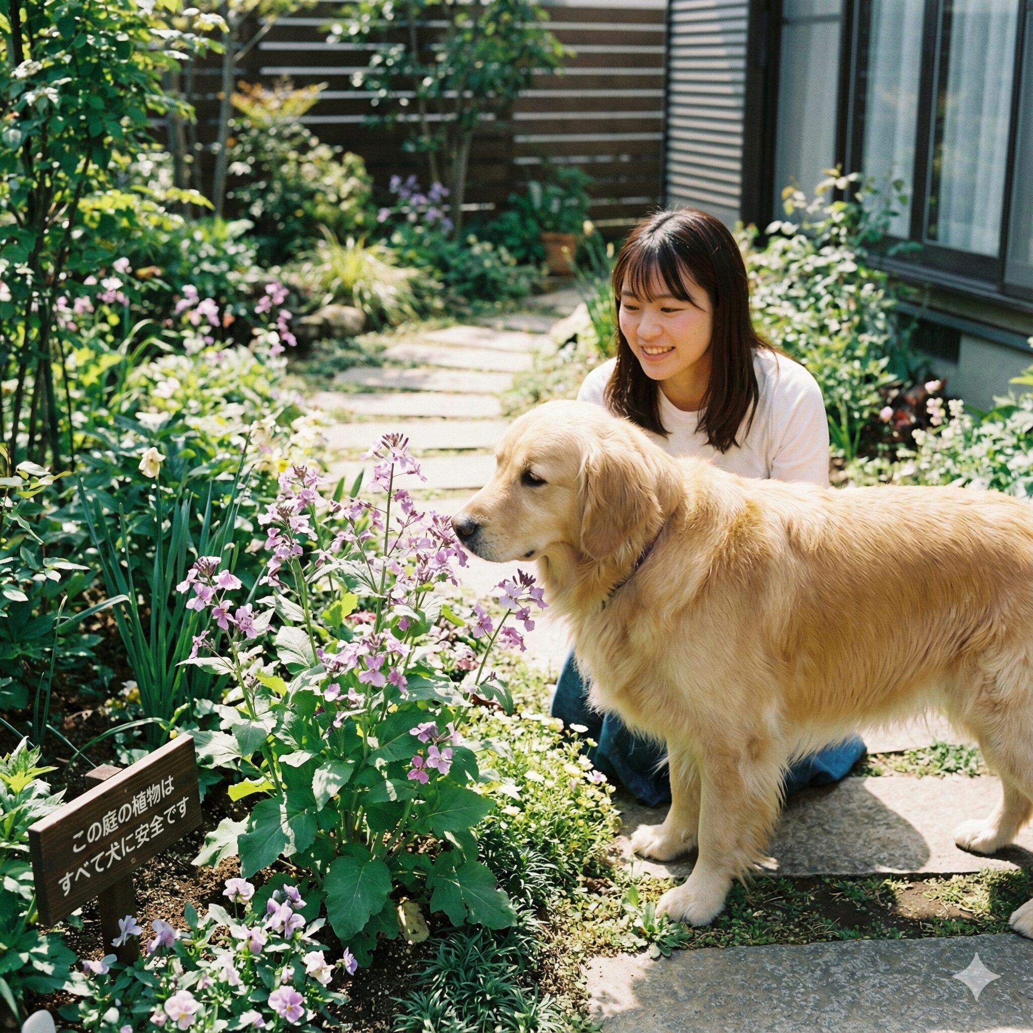 ムラサキハナナ 食べ方2　安全な庭でムラサキハナナの花の匂いを嗅ぐペットの犬
