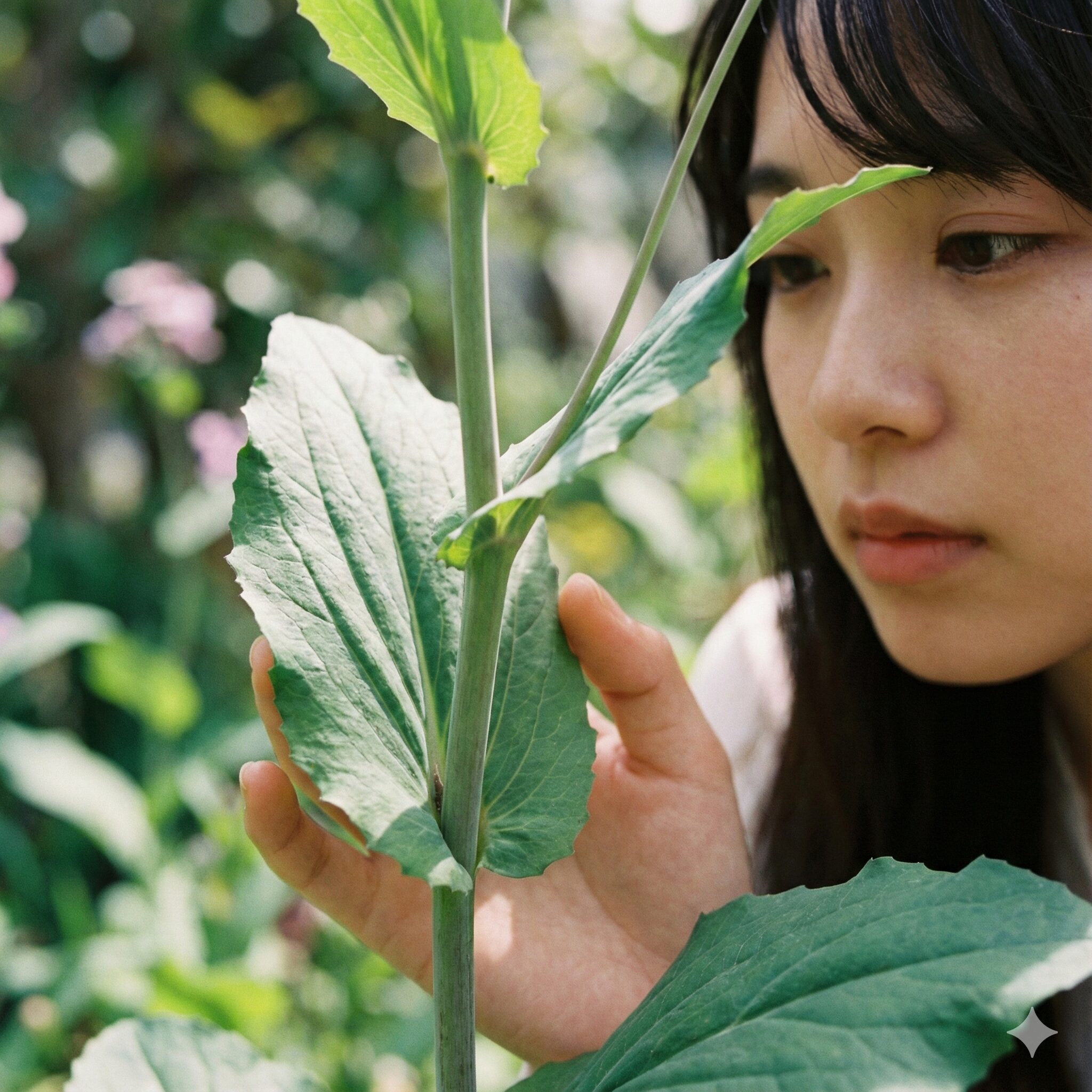 ムラサキハナナ 食べ方3　ムラサキハナナの特徴である、葉の基部が茎を抱くように付いている様子の拡大写真