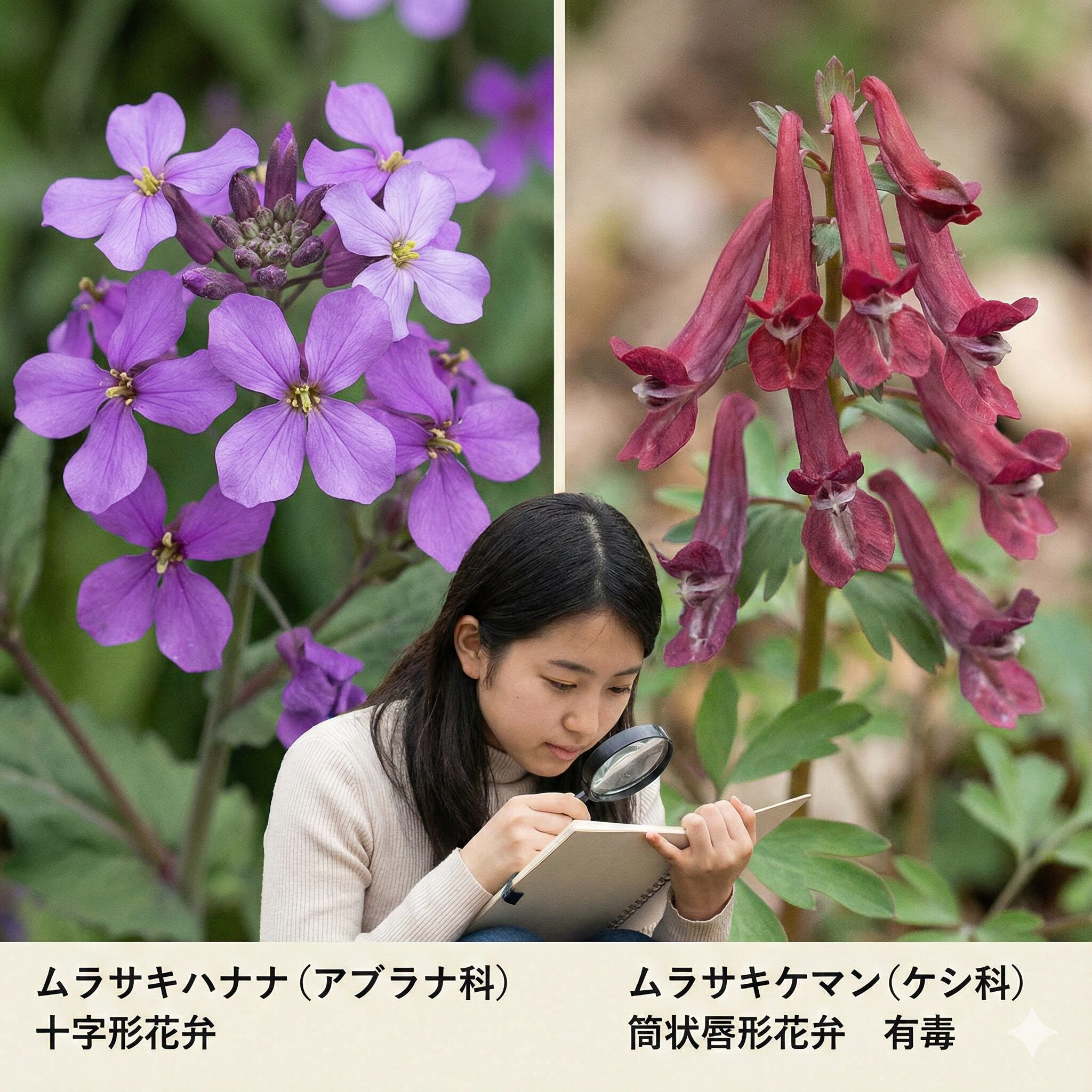 ムラサキハナナ 食べ方4　ムラサキハナナの十字形の花（左）と有毒なムラサキケマンの筒状の花（右）の比較写真