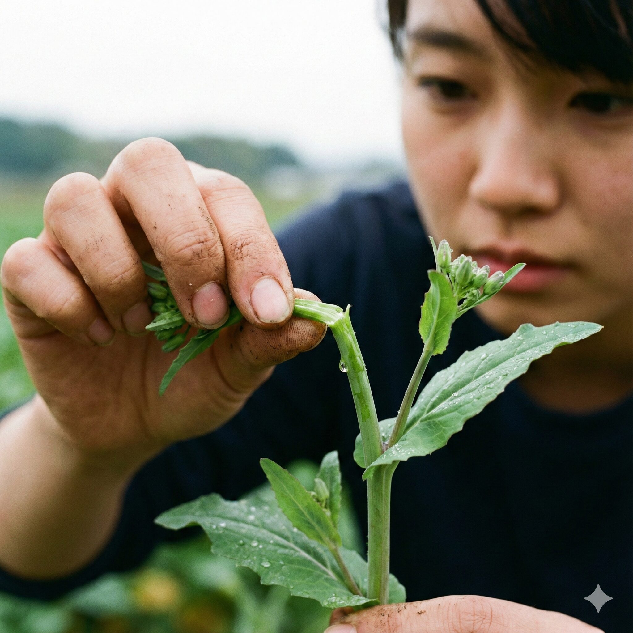 ムラサキハナナ 食べ方6　収穫適期のムラサキハナナの柔らかい茎を手でポキッと折るスナップテストの様子