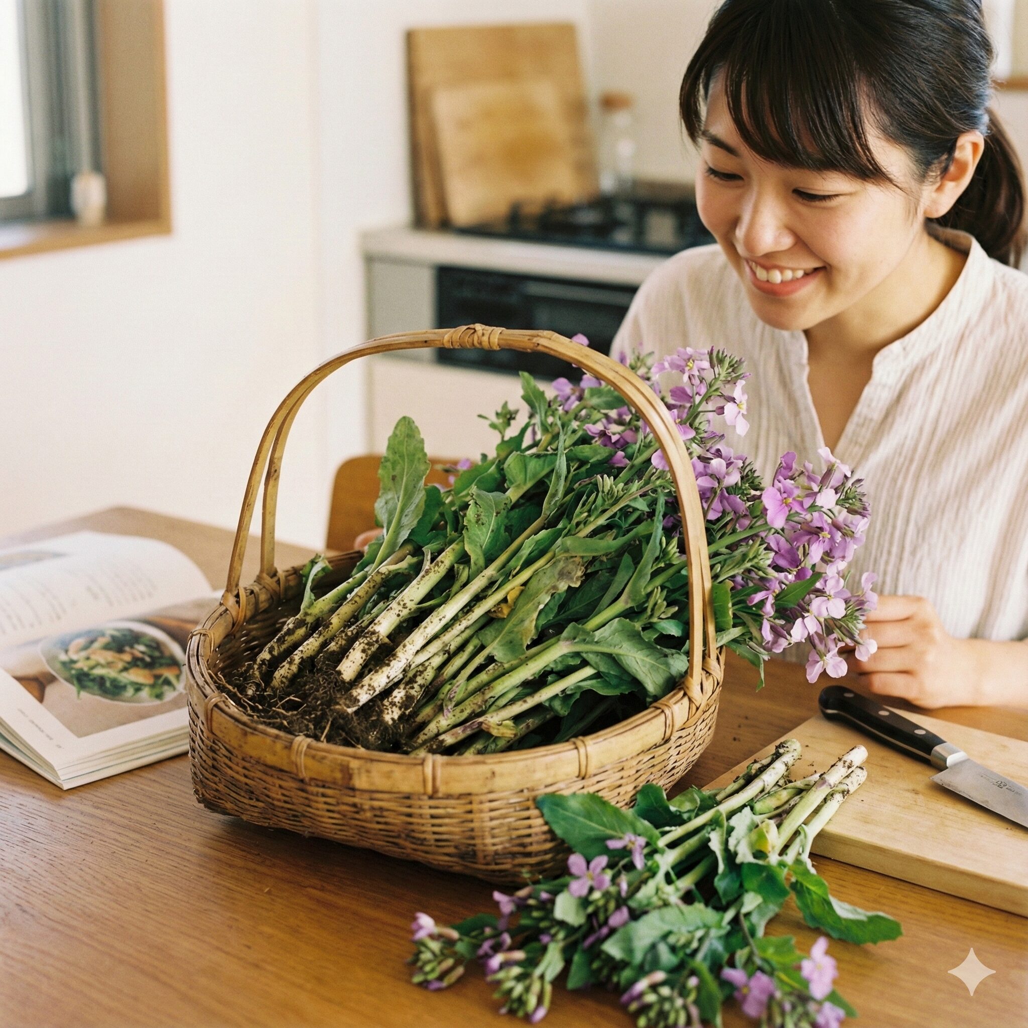 ムラサキハナナ 食べ方7　調理前に竹ざるに盛られた新鮮な収穫したてのムラサキハナナ