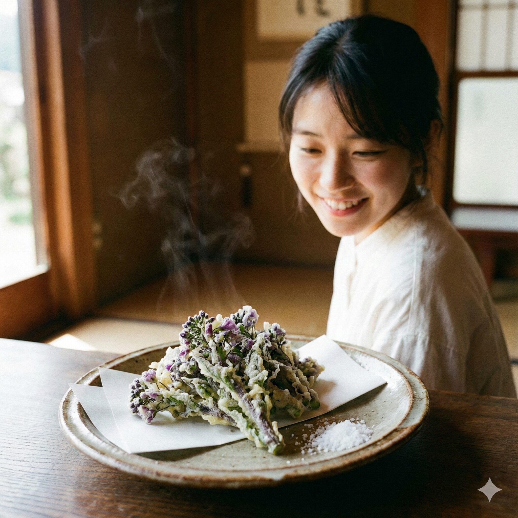 ムラサキハナナ 食べ方8　サクサクに揚がったムラサキハナナの蕾と花の天ぷらの盛り合わせ