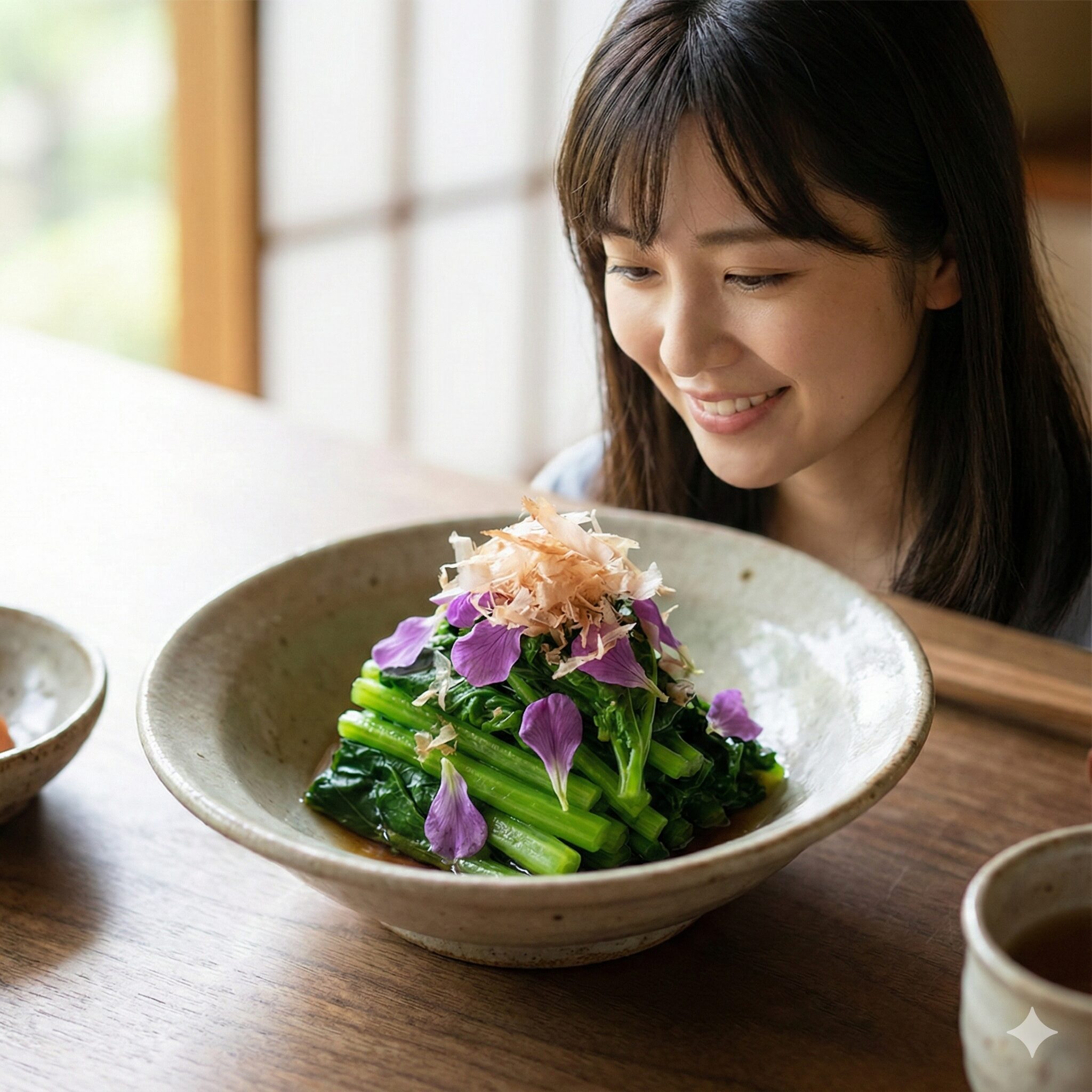 ムラサキハナナ 食べ方9　紫の花びらと鰹節がトッピングされた彩り豊かなムラサキハナナのおひたし