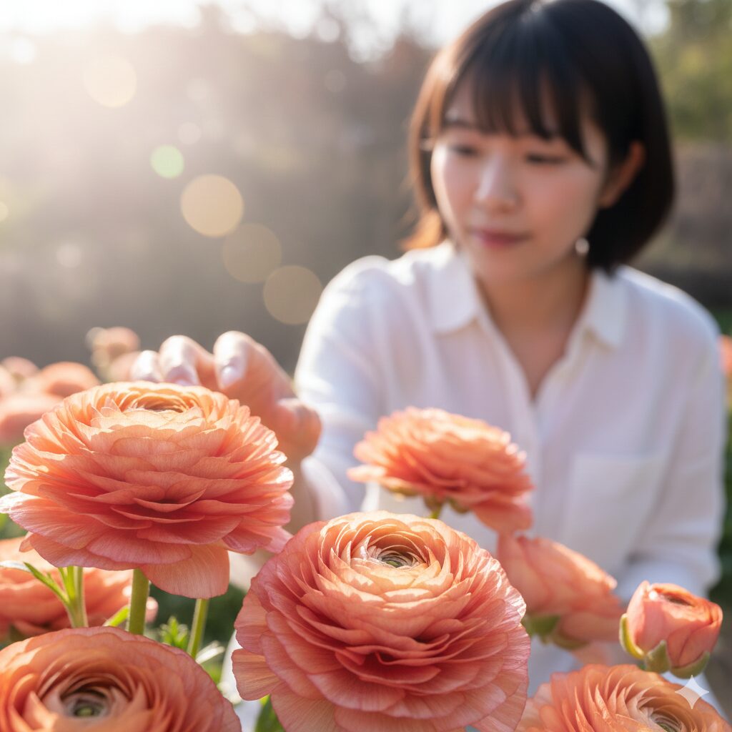 ラナンキュラス ラックス 人気 色1　太陽光を反射してワックスのようにツヤツヤと輝くラナンキュラス・ラックスの花弁