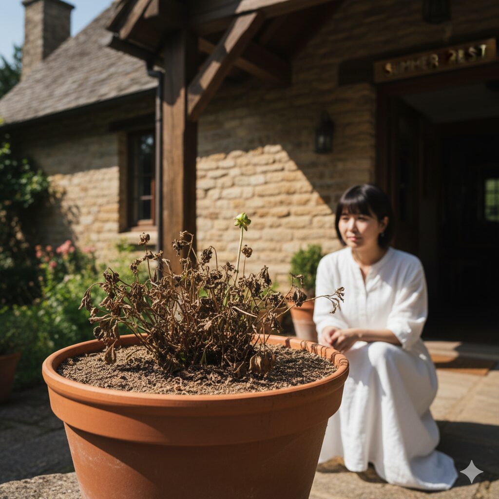 ラナンキュラス ラックス 人気 色10　夏越しのために地上部が枯れて休眠し、雨の当たらない軒下で断水管理されているラナンキュラス・ラックスの鉢植え