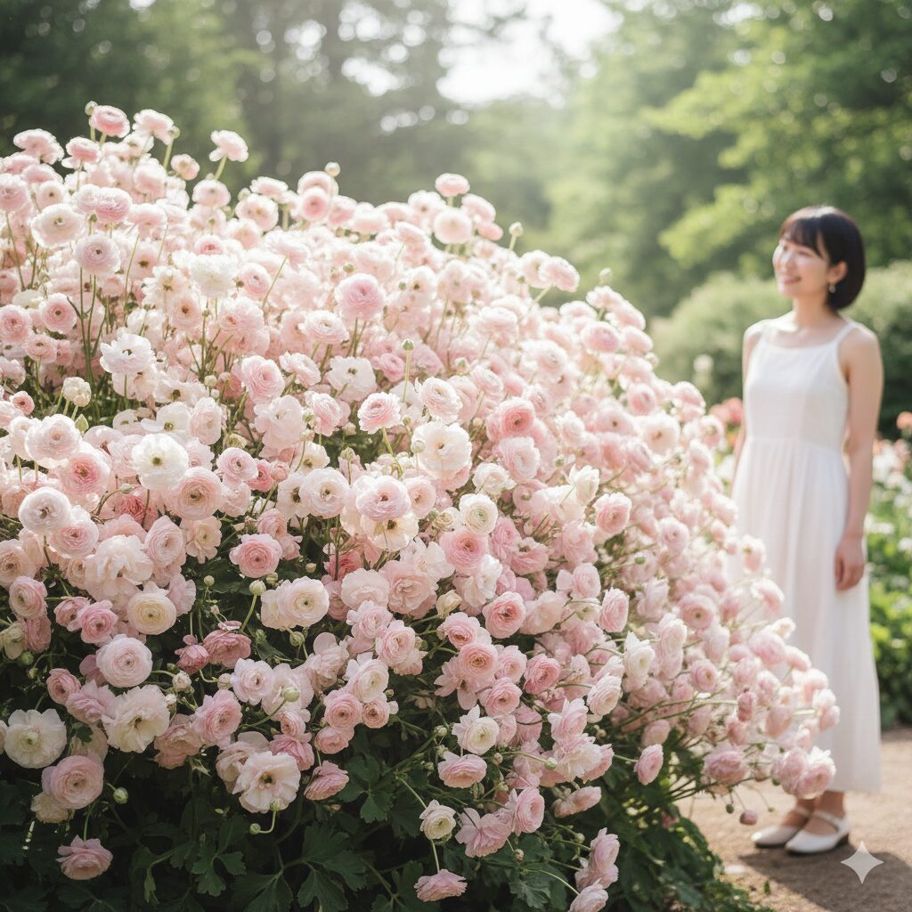 ラナンキュラス ラックス 人気 色2　満開で爆咲き状態のラナンキュラス・ラックス人気品種「アリアドネ」の大株