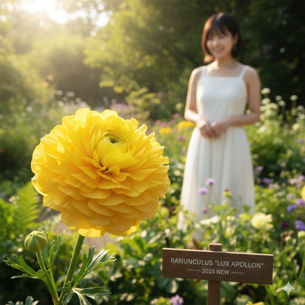 ラナンキュラス ラックス 人気 色4　特徴的なイオ咲きが魅力の新作ラナンキュラス・ラックス「アポロン」の輝くイエローの花