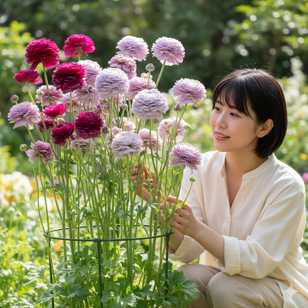 ラナンキュラス ラックス 人気 色5　劇的な色変わりを見せるラナンキュラス・ラックス「ティーバ」の花とリング支柱で支えられた株姿