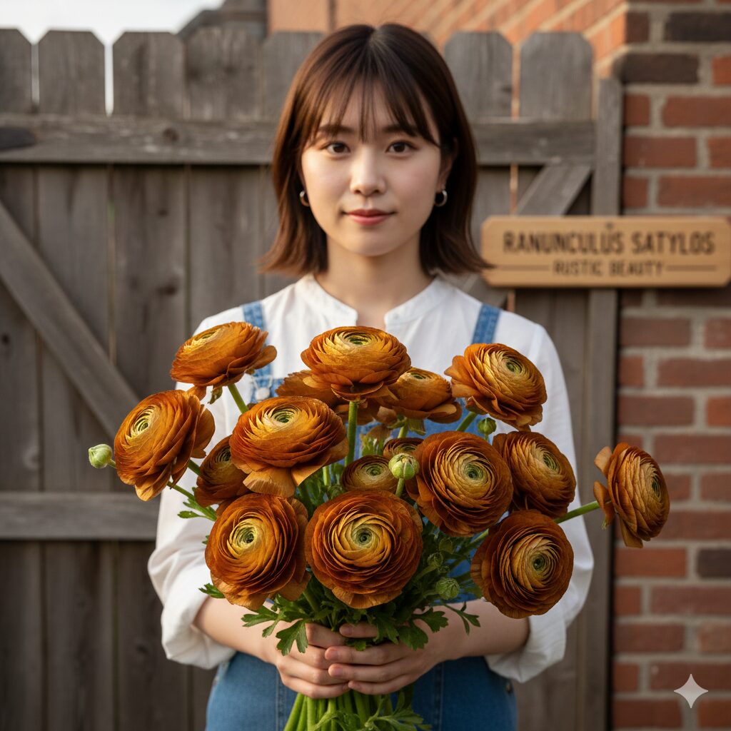 ラナンキュラス ラックス 人気 色6　アンティークゴールドの輝きが美しい最強品種ラナンキュラス・ラックス「サティロス」の花