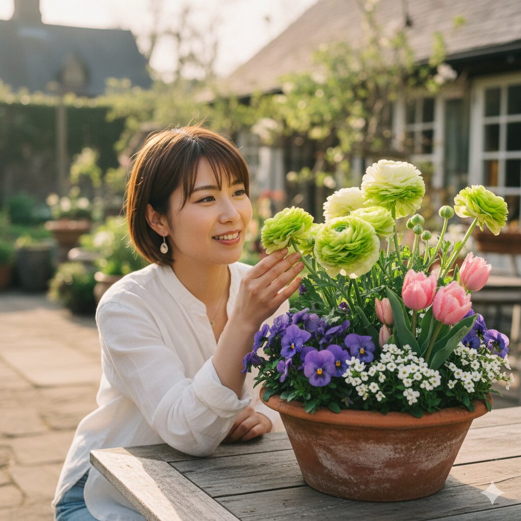 ラナンキュラス ラックス 人気 色7　ライムグリーンから白へ変化するラナンキュラス・ラックス「ニノス」と春の花々の寄せ植え