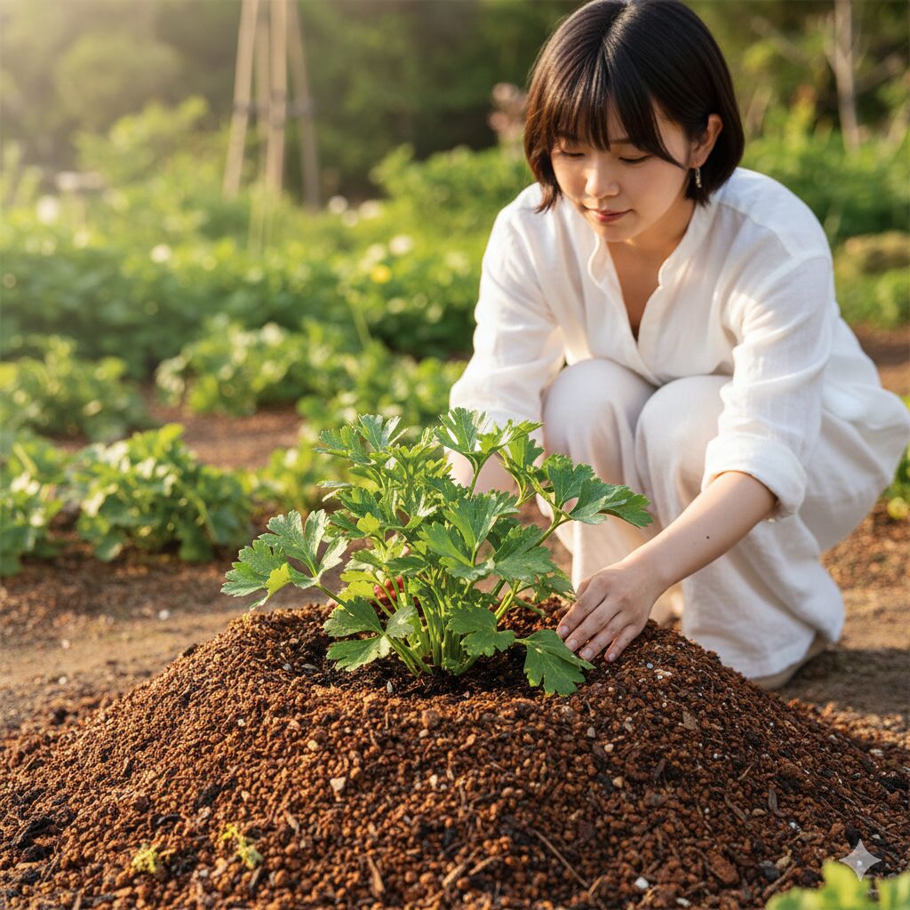 ラナンキュラス ラックス 人気 色8　ラナンキュラス・ラックスを地植えで成功させるための「高植え」された株元の様子