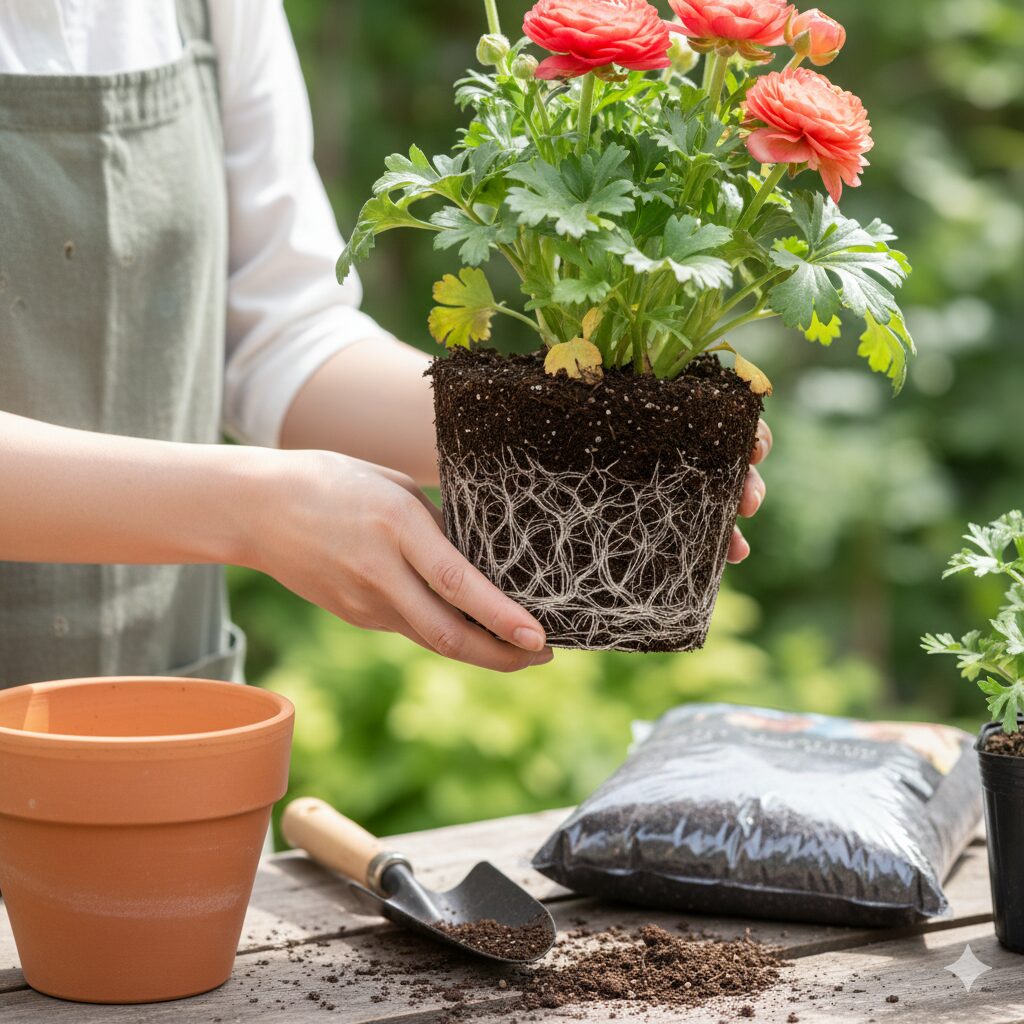ラナンキュラス ラックス 人気 色9　購入したラナンキュラス・ラックスのポット苗から引き抜いた、根がびっしりと回った根鉢の様子