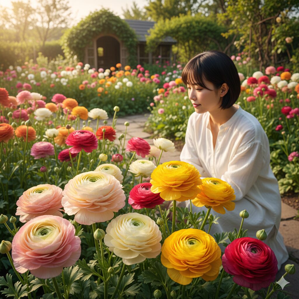 ラナンキュラス ラックス 新品種 20251　2025年新品種のラナンキュラス・ラックス「ペネロペ」と「アポロン」が咲き誇る春のイングリッシュガーデン