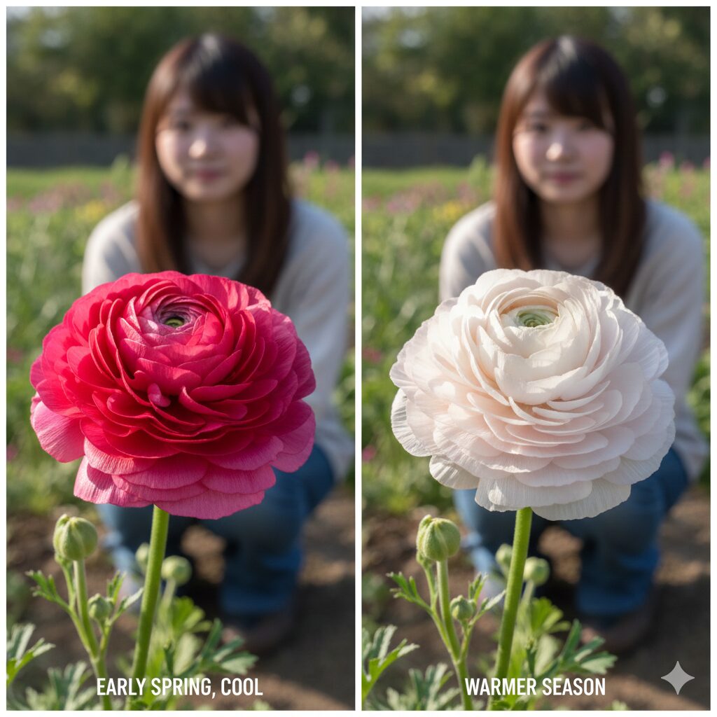 ラナンキュラス ラックス 新品種 20252　　環境によって花色が変化するラナンキュラス・ラックス「ペネロペ」のバイカラー比較写真