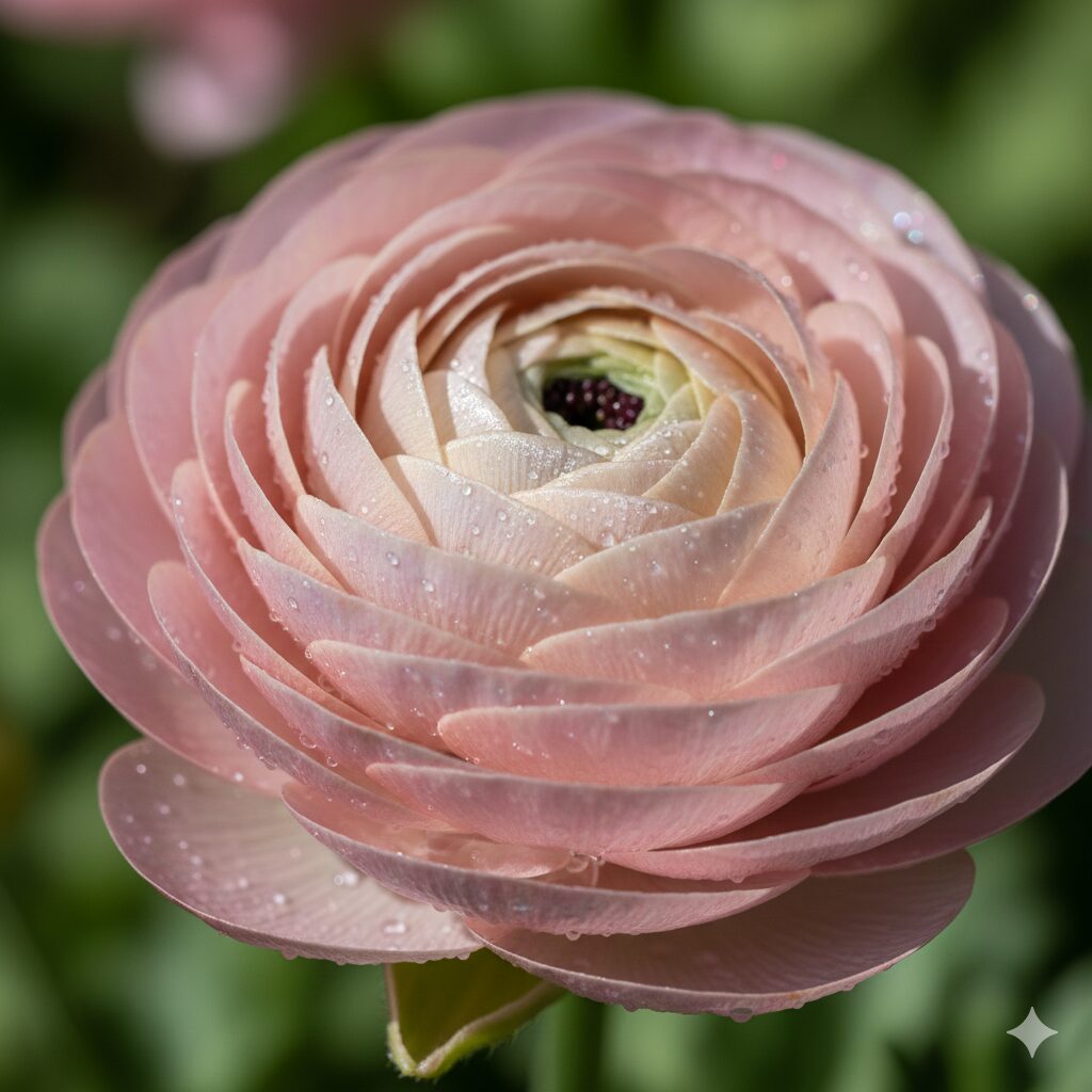 ラナンキュラス ラックス 新品種 20253　直射日光下でワックスのような強い光沢を放つラナンキュラス・ラックス「ペネロペ」の花弁のクローズアップ