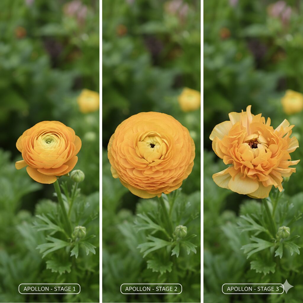 ラナンキュラス ラックス 新品種　蕾から満開、反り返るまで花型が変化するラナンキュラス・ラックス「アポロン」のイオ咲きの様子