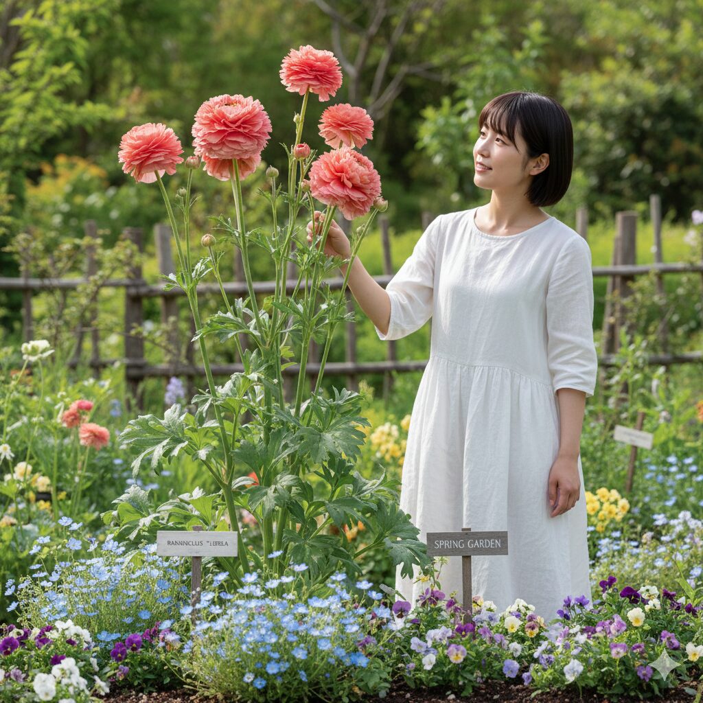 ラナンキュラス ラックス 新品種 20255　花壇の後方で他の植物よりも背が高く、太い茎で直立する大型品種ラナンキュラス・ラックス「リーベラ」