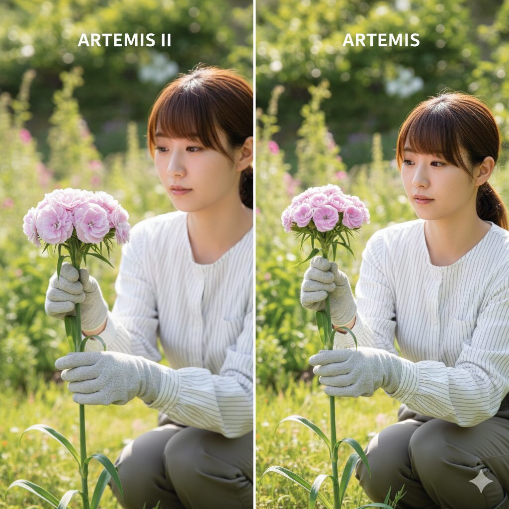 ラナンキュラス ラックス 新品種　花弁の丸みや茎の太さが改良されたラナンキュラス・ラックス「アルテミスII」と従来種の比較写真