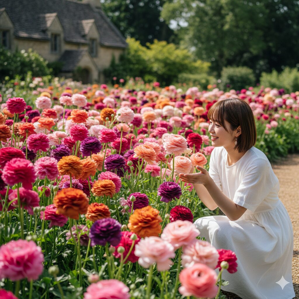 ラナンキュラス ラックス 新品種 20257　アウラ、ティーバ、サティロスなど、人気ランキング上位のラナンキュラス・ラックス定番品種が咲き揃う庭