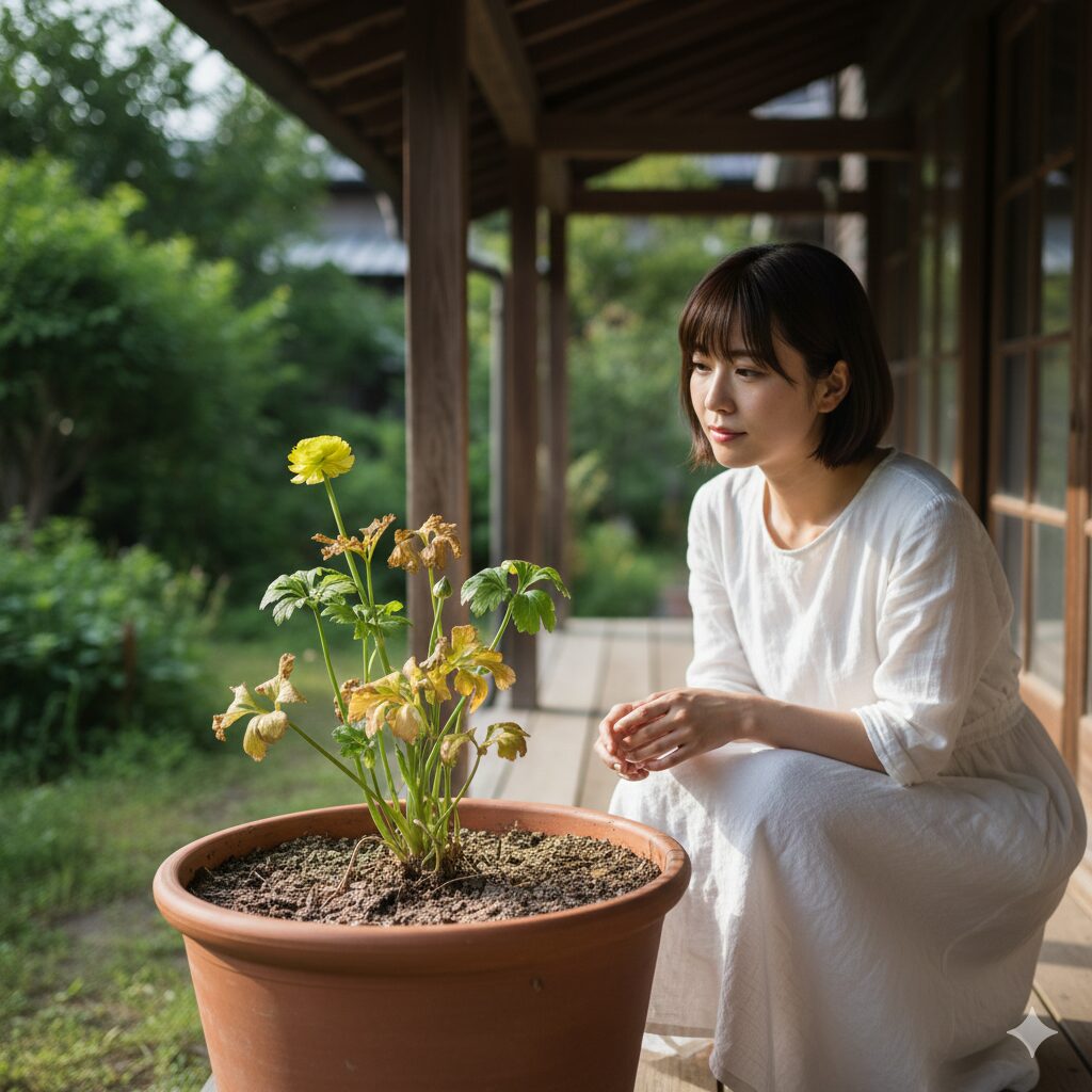 ラナンキュラス ラックス 新品種 20258　夏越しのために断水を開始し、葉が黄色くなって休眠に入ろうとしているラナンキュラス・ラックスの鉢植え