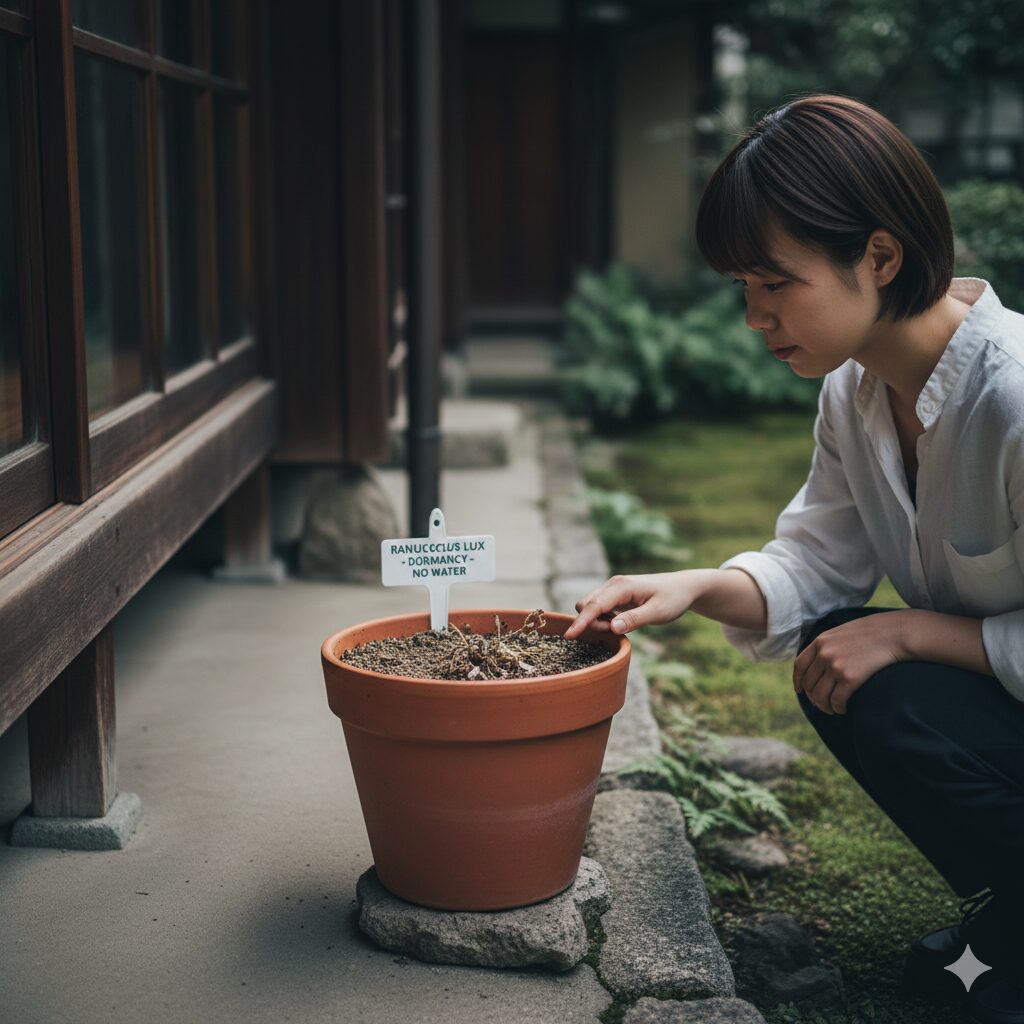 ラナンキュラス ラックス 苗 ホームセンター10　雨の当たらない日陰で断水して夏越し（休眠）させているラナンキュラス・ラックスの鉢