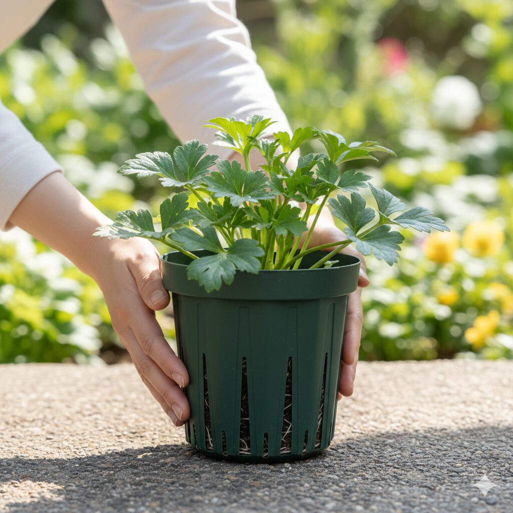 ラナンキュラス ラックス 苗 ホームセンター3　根張りが良くなるロングスリット鉢に植えられたコーナンのラナンキュラス・ラックス苗